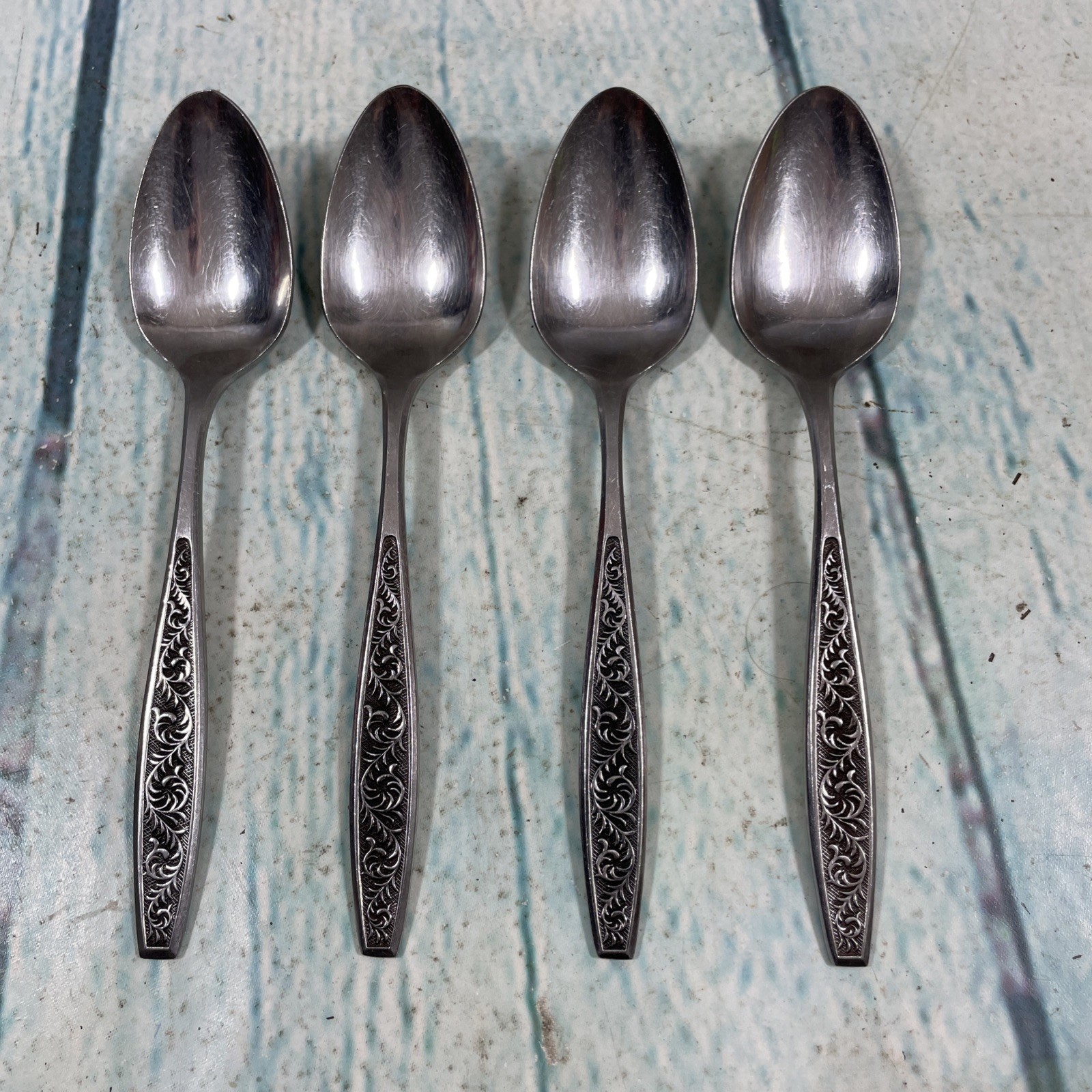 Vtg Lot 4 Teaspoons Hanford Forge Florine / Del Prado Stainless Steel Flatware