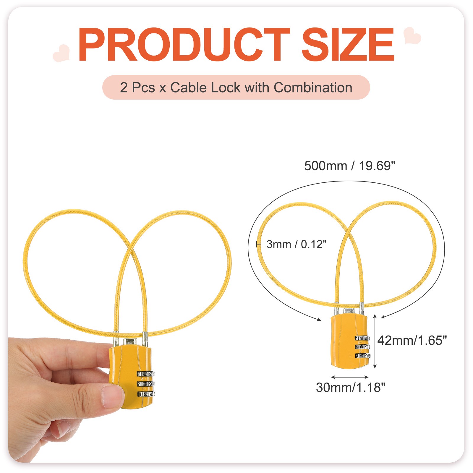 2 Pcs 3 Digit Luggage Cable Combination Lock with 20" Long Cable, Yellow