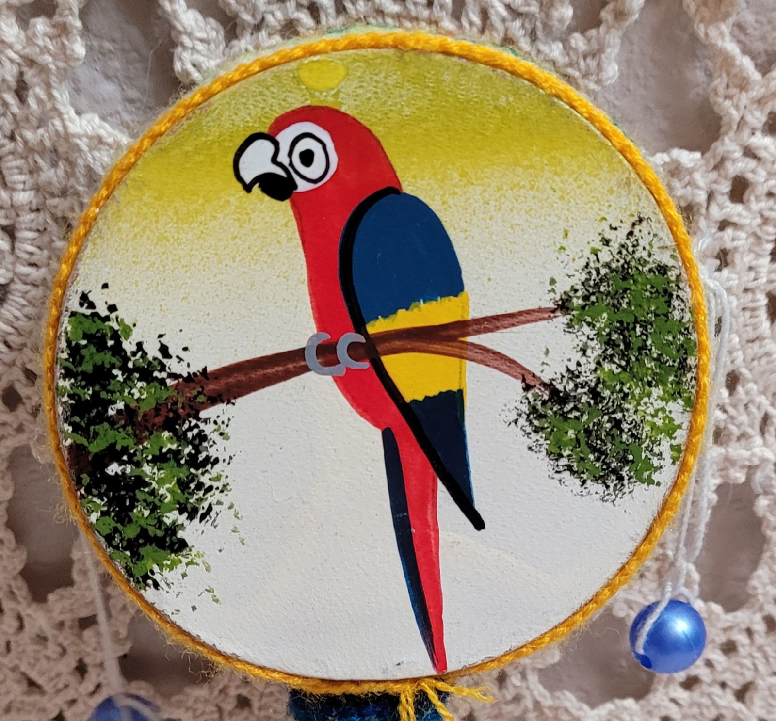 Vintage Hand painted monkey drum (Spin Drum) from peru. Child's Instrument.
