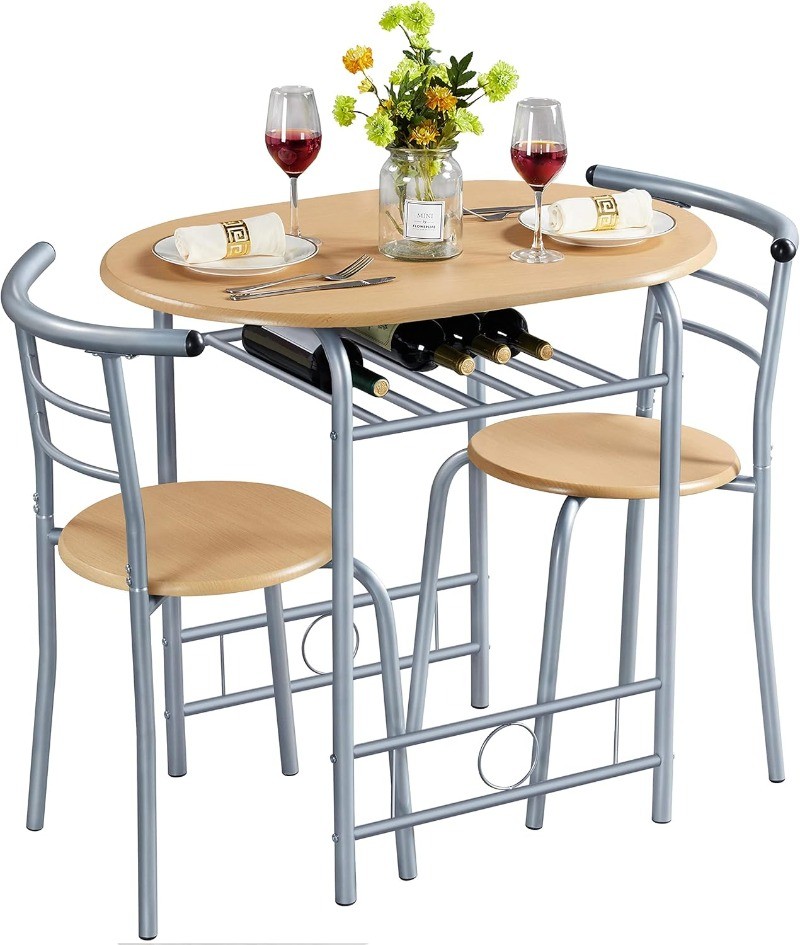 3 Piece Dining Set Kitchen Bistro Table & Chair Sets for 2 Built-in Wine Rack