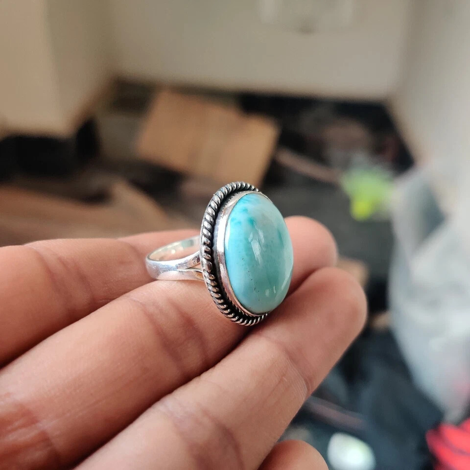 Larimar Gemstone Ring 925 Sterling Silver Pretty Ring Designer Ring All Size MK*