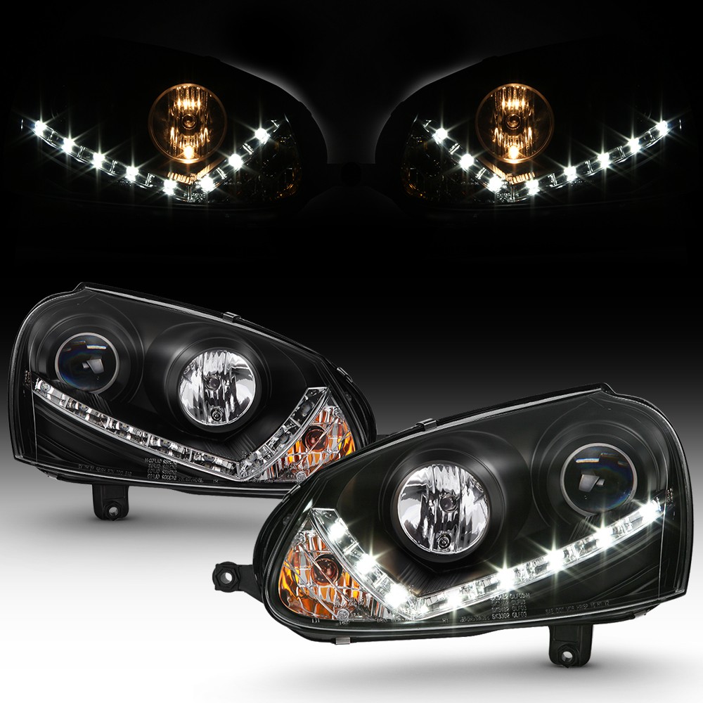 Black 2006-2009 VW GTI Jetta Rabbit DRL LED Strip Projector Headlights 06-09