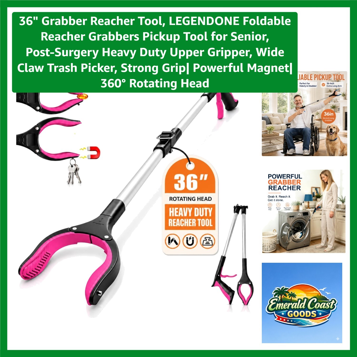 36" Grabber Reacher Tool, Foldable Reacher Grabbers Pickup Tool for Senior, P...