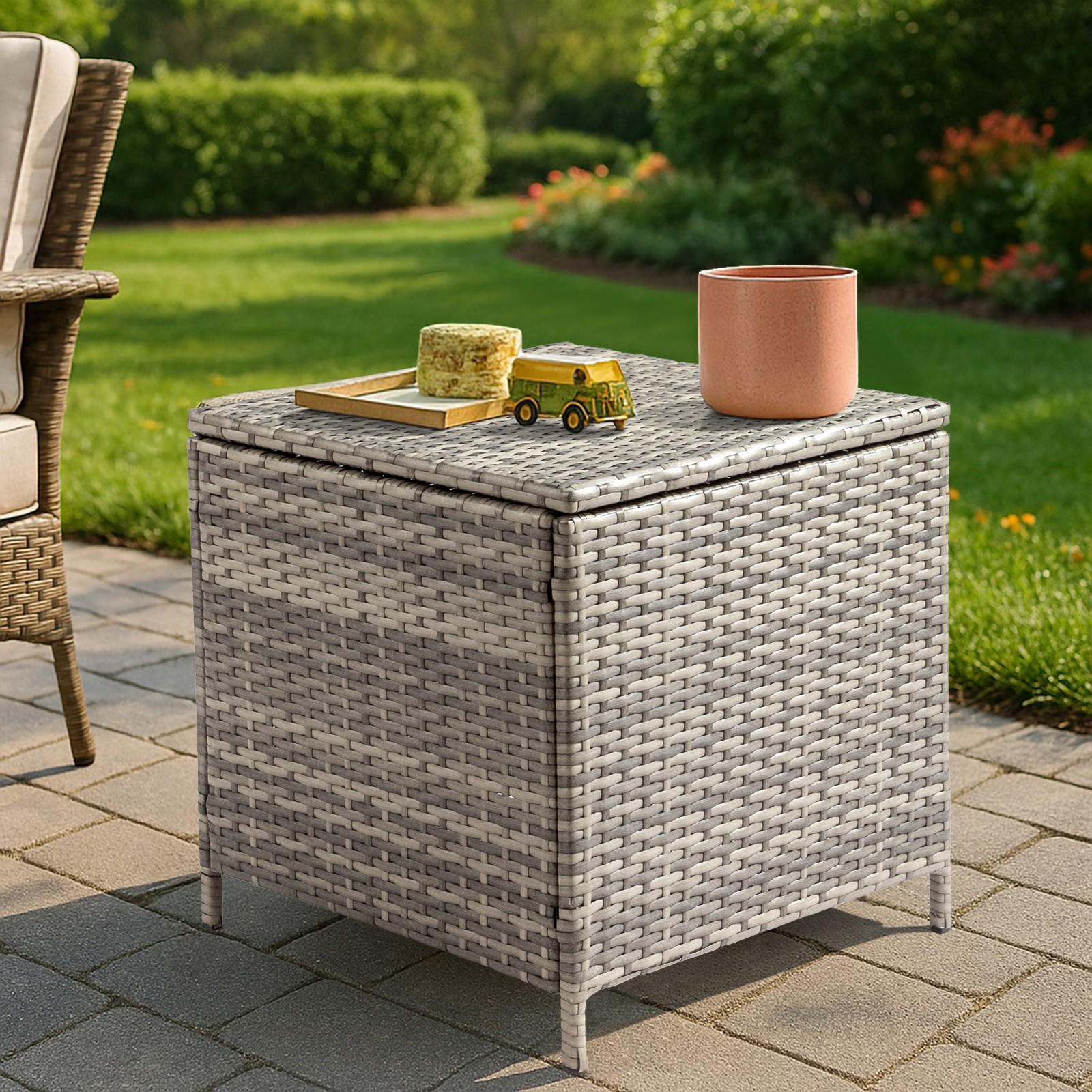Outdoor PE Wicker Side Table with Storage, Patio Rattan End Table Square, Grey