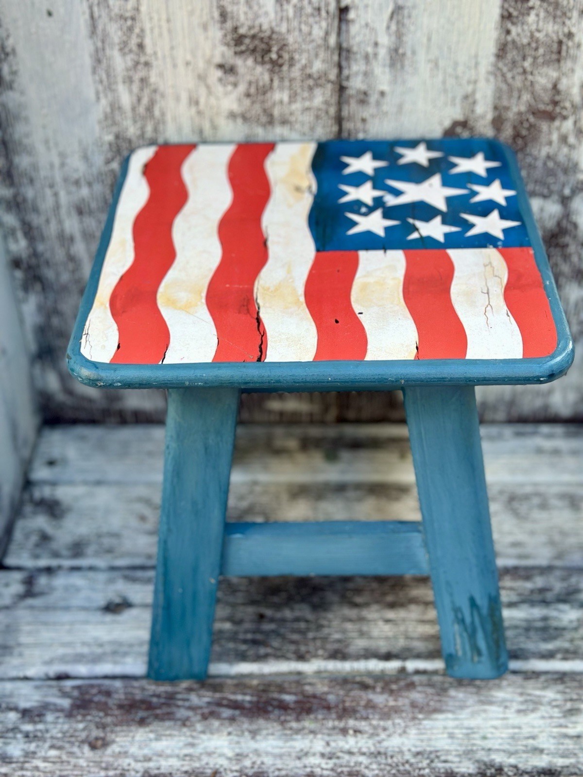 VTG Americana Theme Rustic American Flag Wood Foot/Stepping Stool Thailand