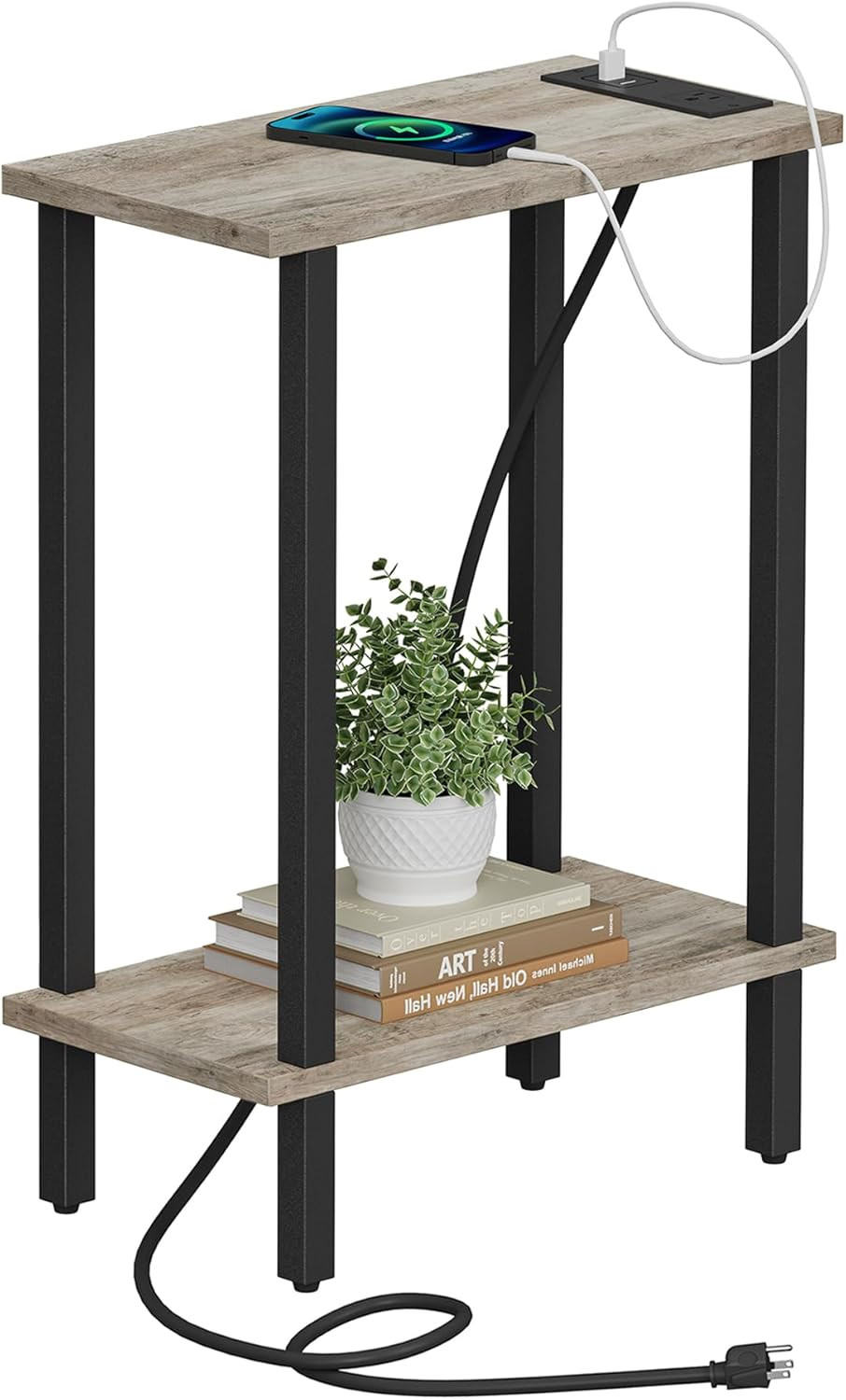 TUTOTAK Small End Table with Charging Station, Narrow Side Greige