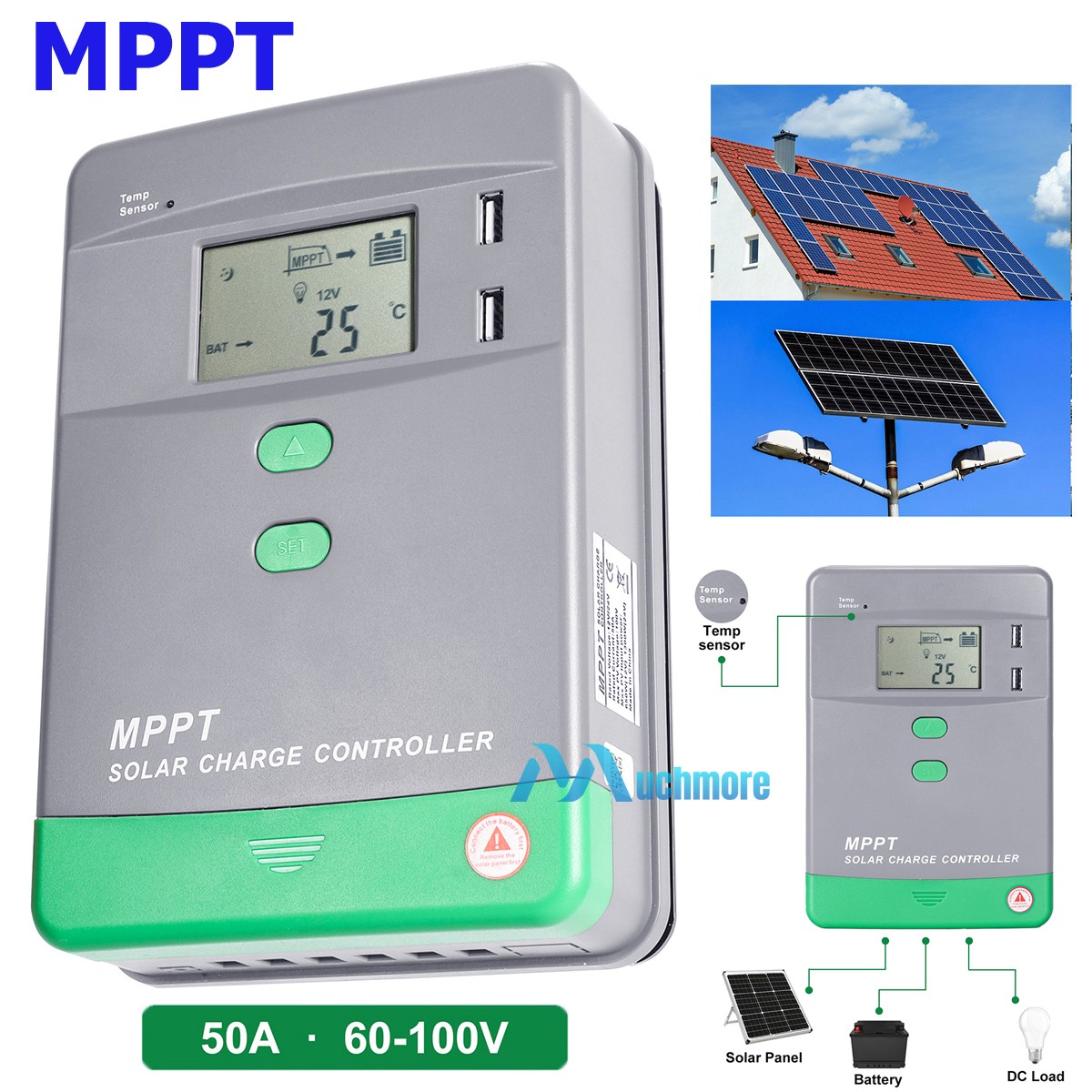 12V/24V 50A MPPT Solar Panel Battery Regulator Auto Charge Controller USB 1300W