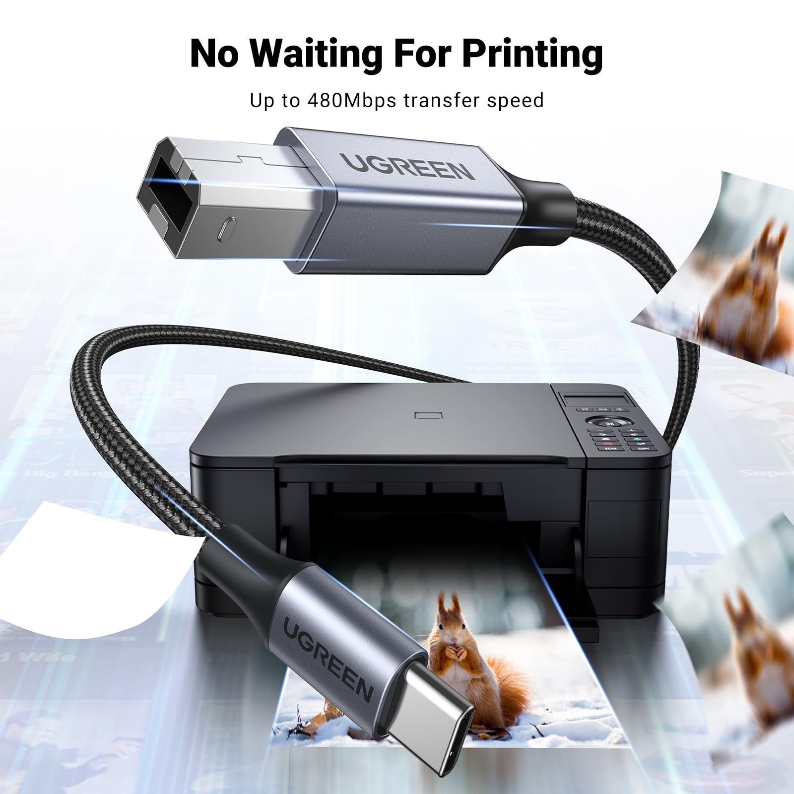 UGREEN USB C Printer Cable - 16 FT Nylon B to C 16 FT, Silver