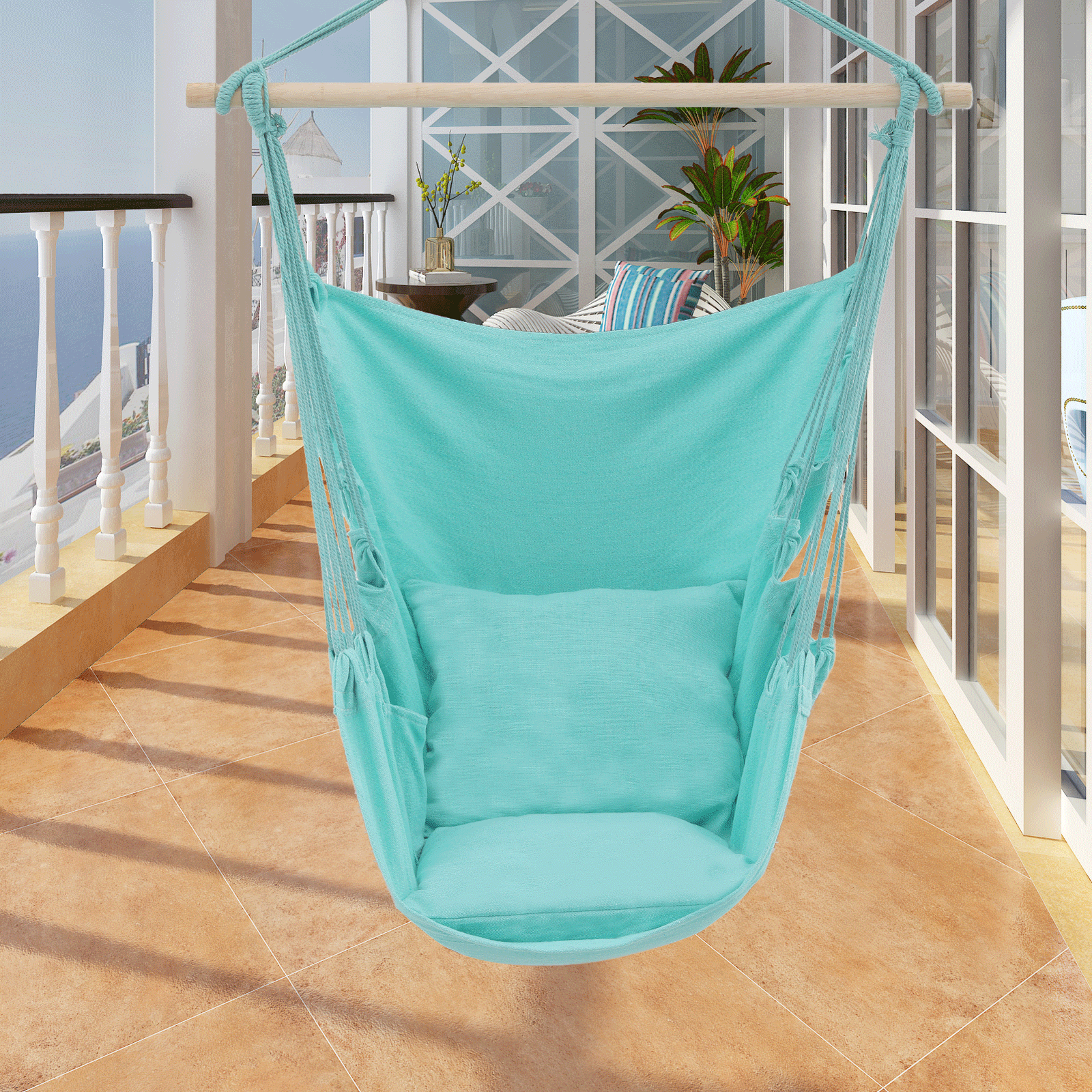 Patio Hammock Chair Macrame Swing Hanging Rope 350Lbs w/Cushion Seat&Side Pocket