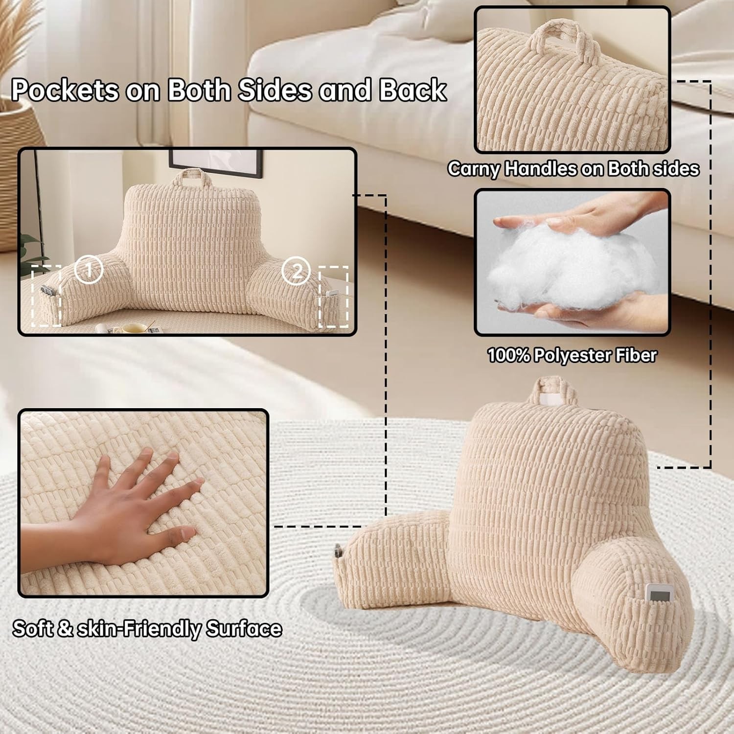 Reading Pillow for Sitting in Bed,Large Backrest Reading Pillow with Arm Rest...
