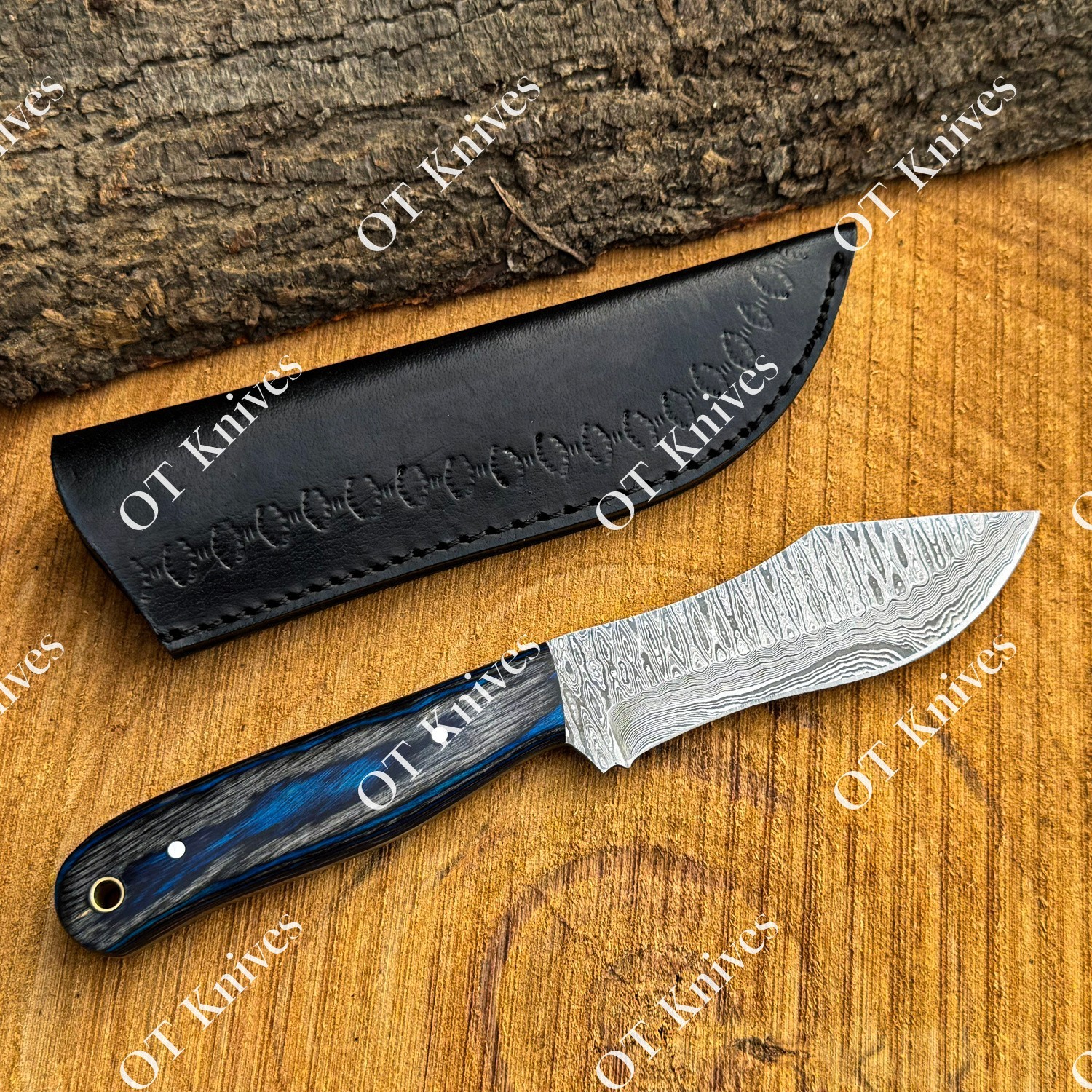 Hand Forged Damascus Steel Razor Sharp Fixed Blade Hunting Knives Leather Sheath