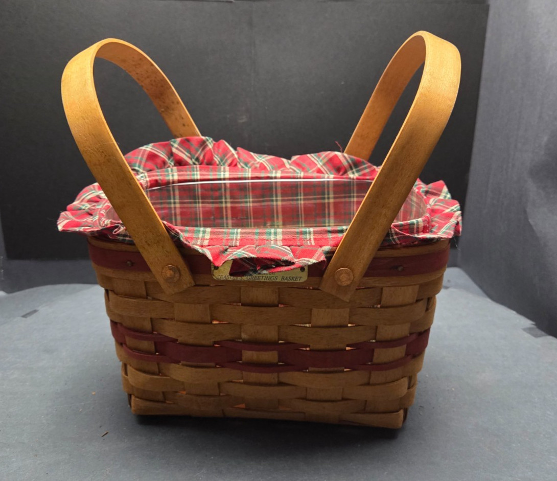 Longaberger 1992 Handwoven Basket w/ Red Plaid Liner Double Swing Handle USA