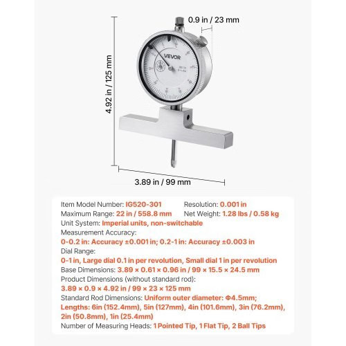 Depth Gauge, Depth Micrometer 0-22 inch Measuring Range, 0.001" Resolution, wit