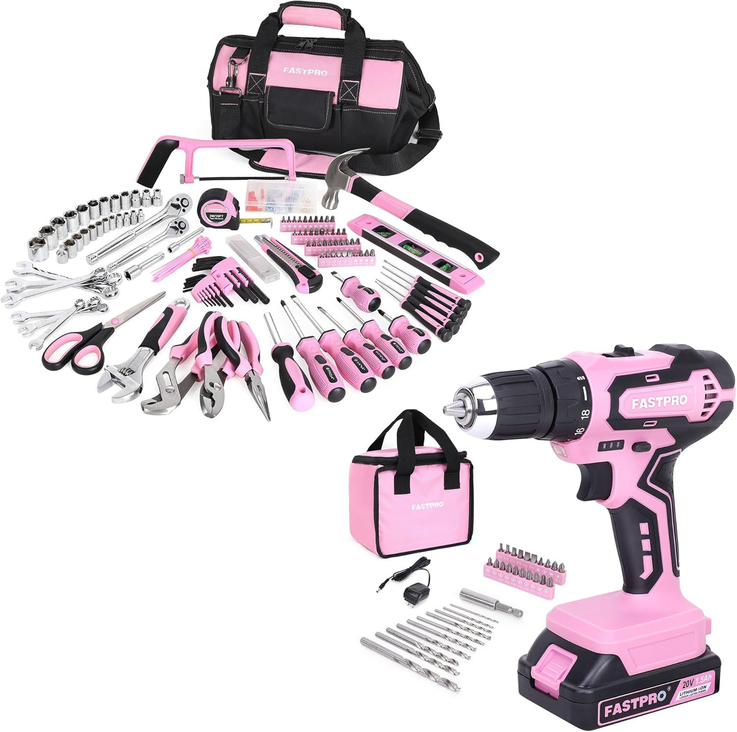 268-Piece Pink Tool Set with 20V Cordless Drill - Stylish & Functional!