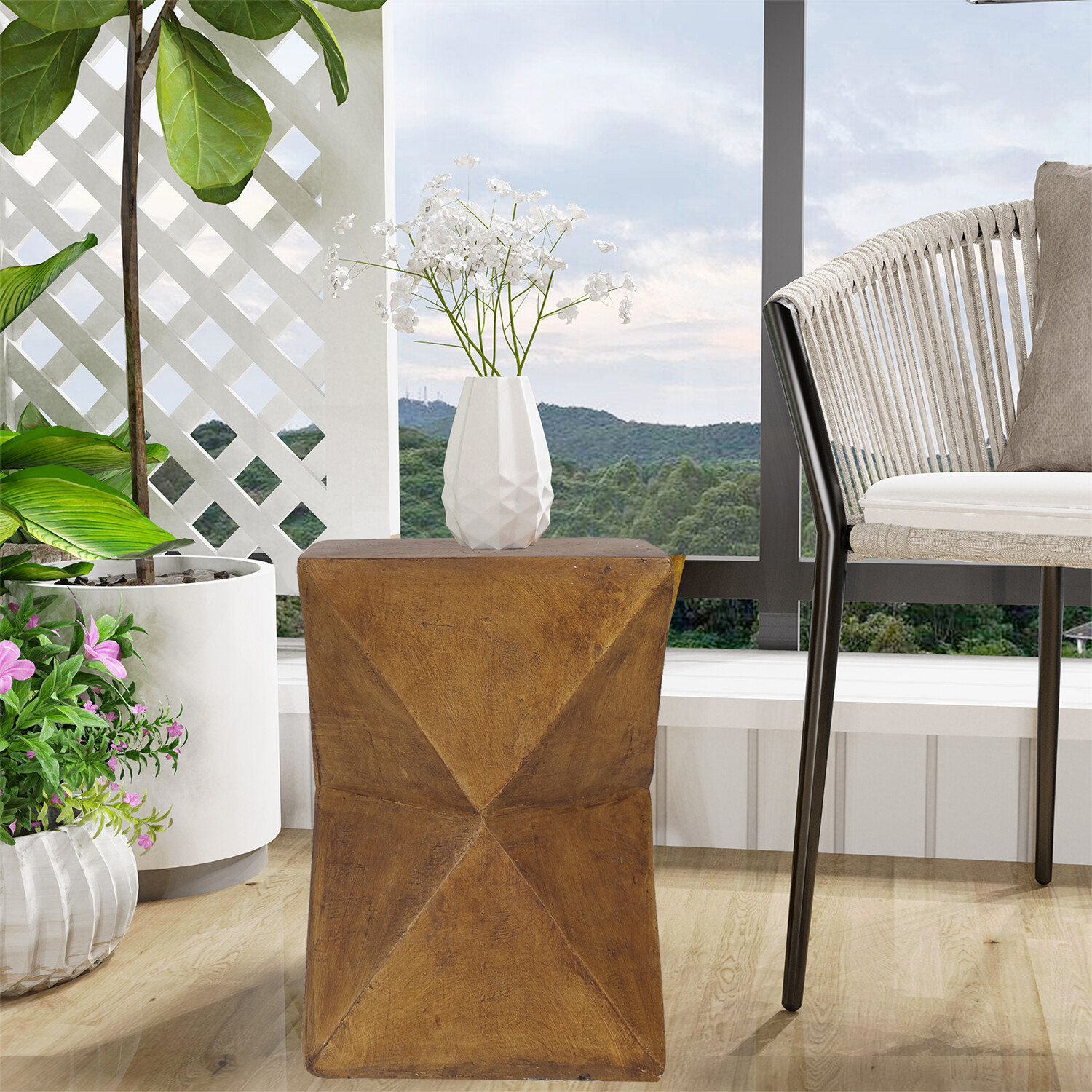18'' Tall Unique Concrete Side Table Decor Outdoor Handmade End Table Geometric