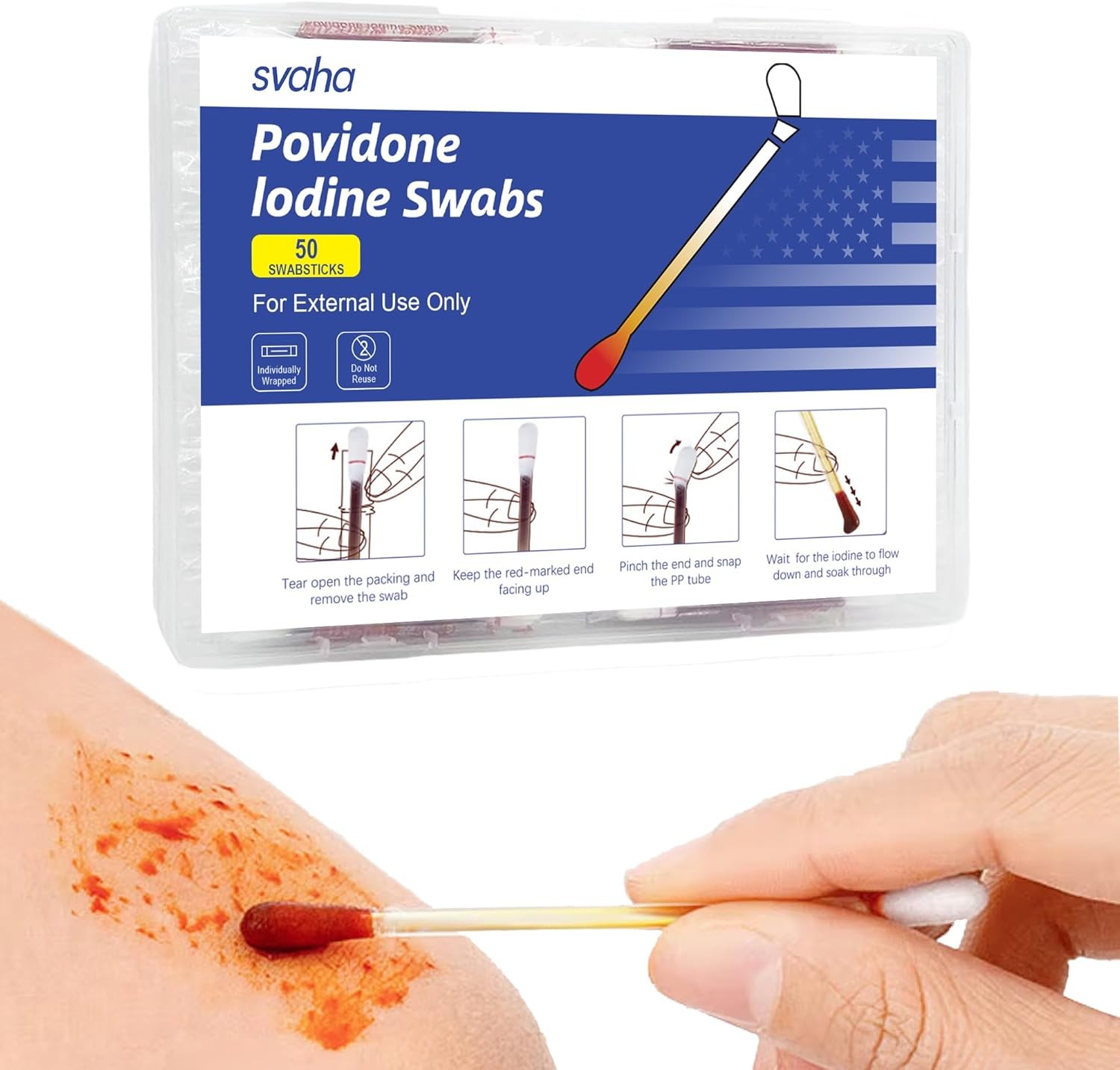 Iodine Swabs, 50 Count, Individually Wrapped with Snap-Release Solution, Skin
