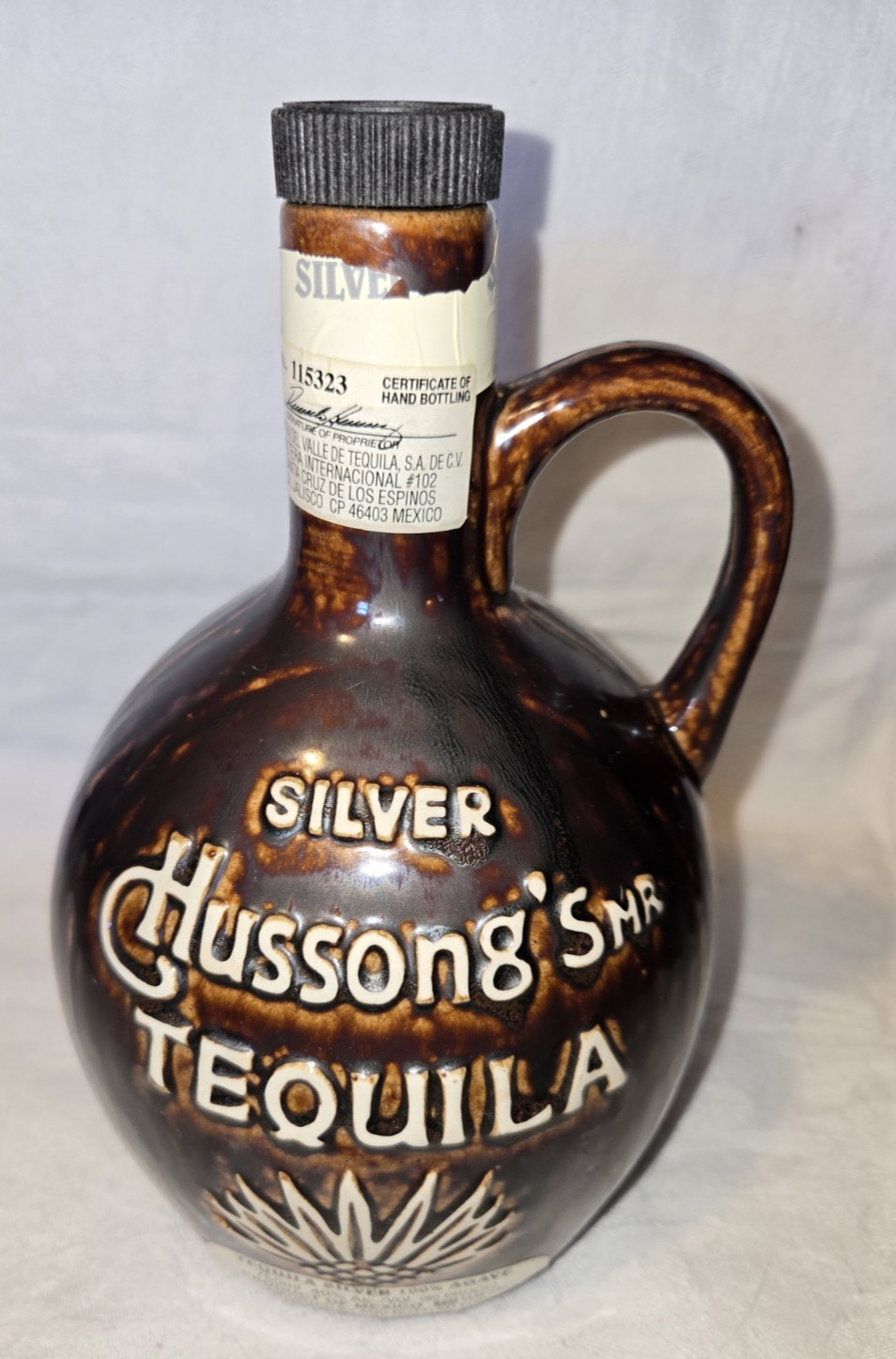 Hussong's Silver Tequila Bottle Brown Pottery Jug Mexico w/ CORK - EMPTY 750ml