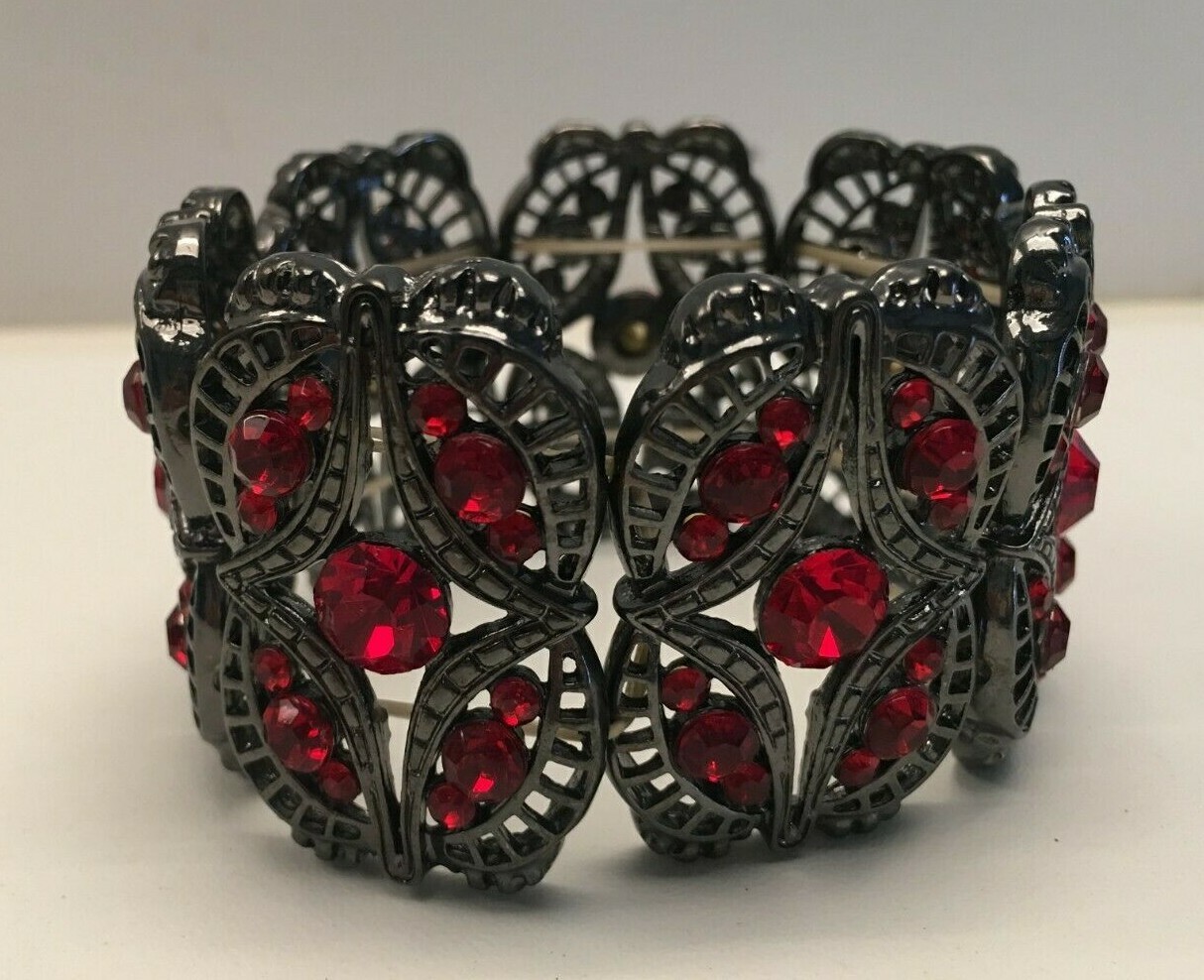 Red Stone Silvertone Bracelet