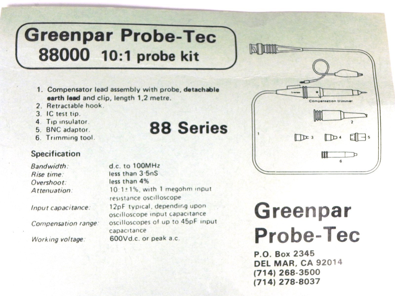 Greenpar Probetec 88000 DC-100MHz, 10:1 Probe