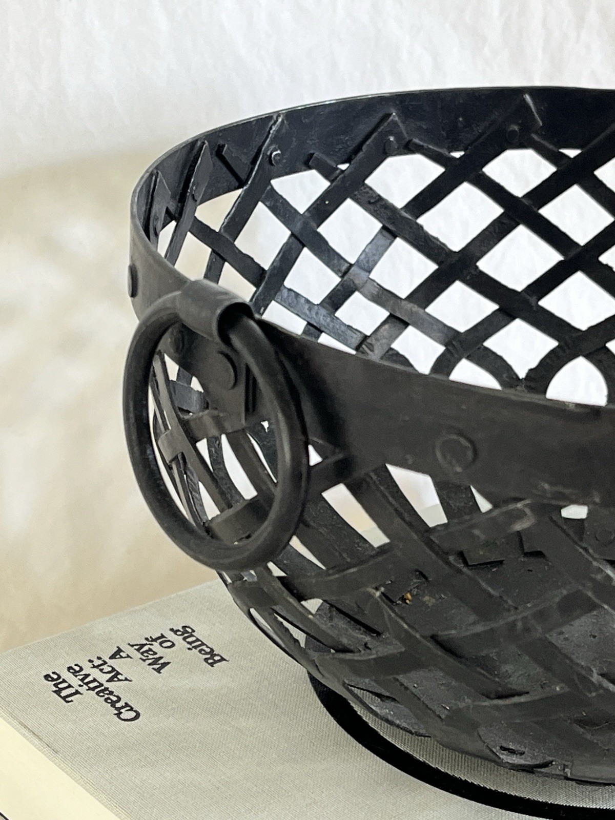 Black Resin Basket with Ring Handles Inspired by Cast Iron Baskets