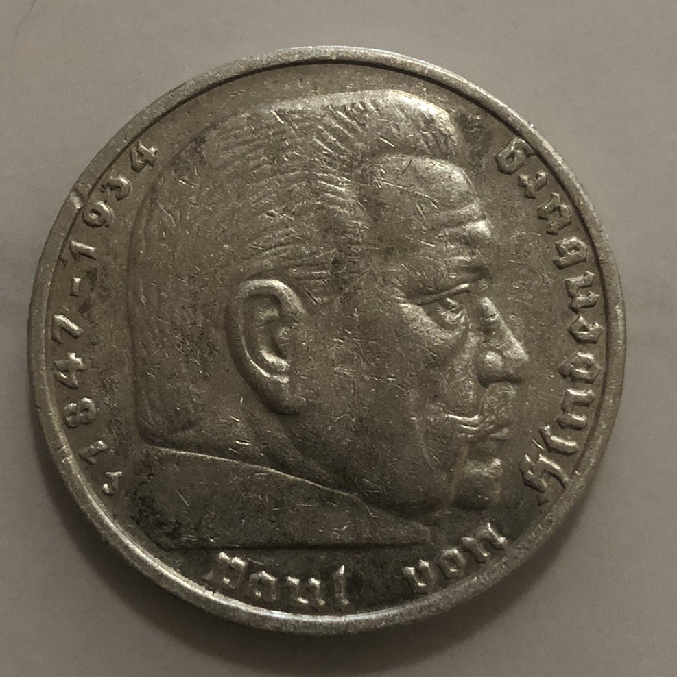 1935 J German 5 MARK COIN - Third Reich  .900 Fine SILVER Nice Condition