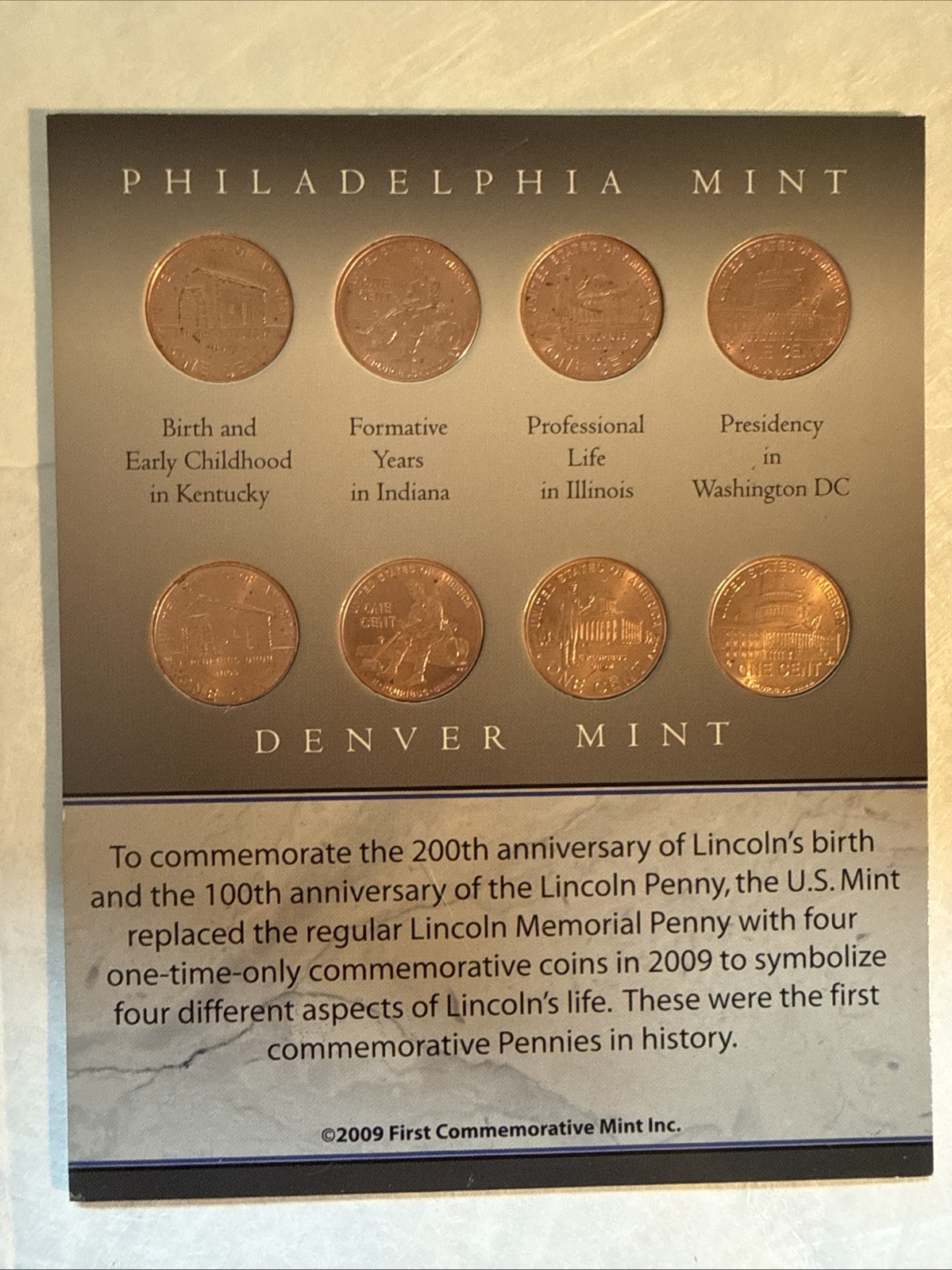 2009 Lincoln Penny Collection Set – First Commemorative Mints/COA And cover book