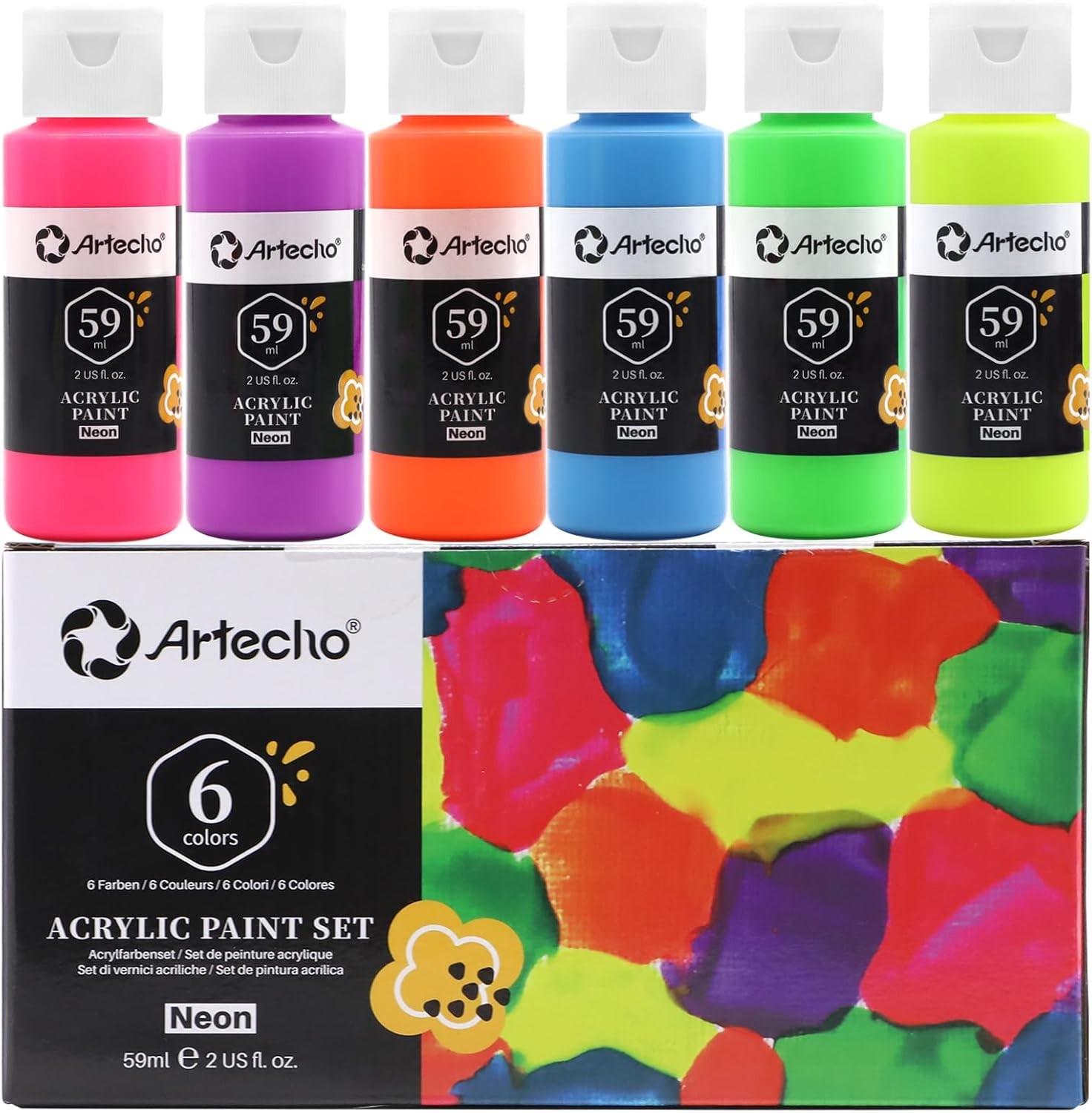 Artecho Neon Paint 6 Colors, 60 ml / 2 oz 12 Fl Oz (Pack of 1), Neon-6 colors