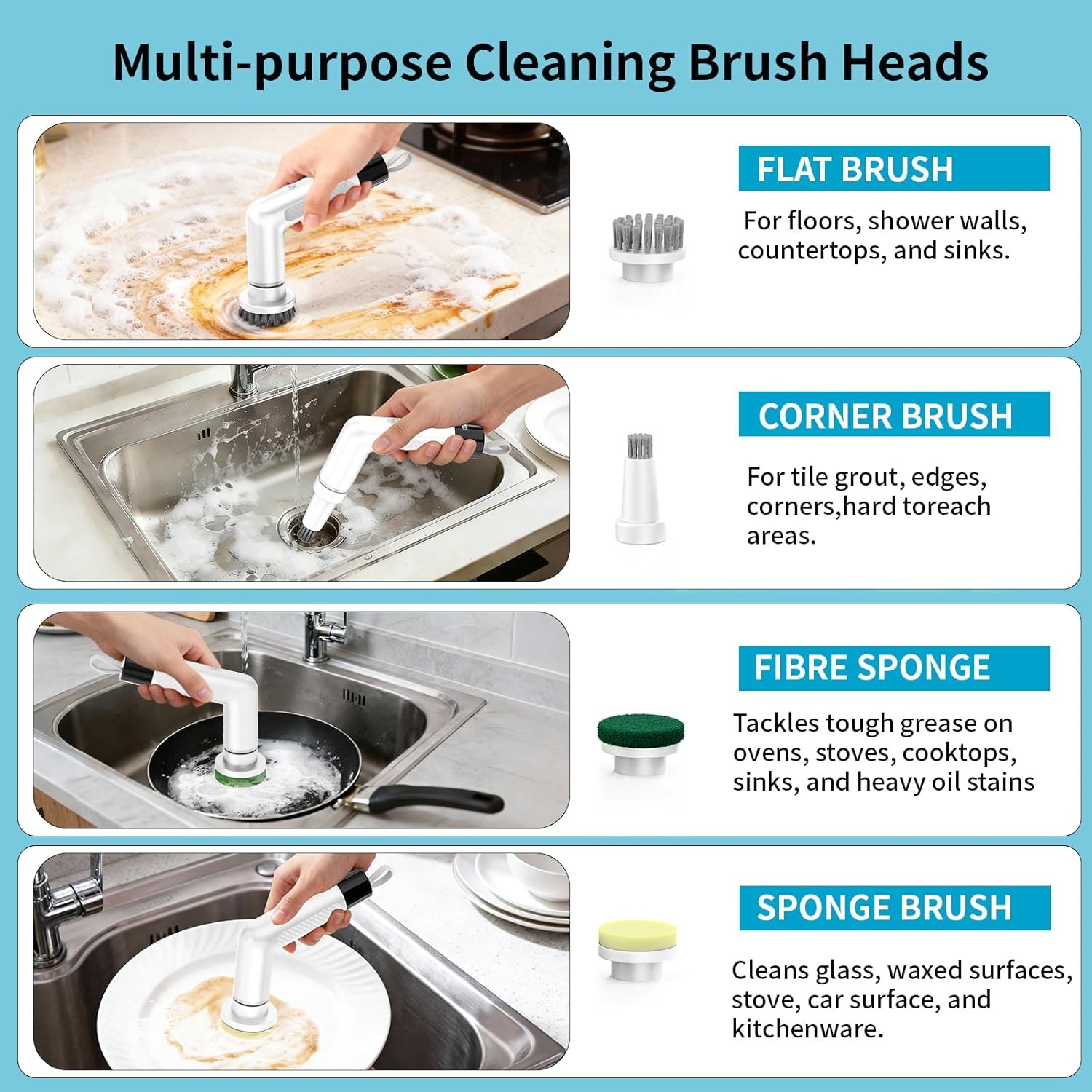 Electric Dish Scrubber, Mini Cordless Kitchen Cleaning Brush with 4 Replaceable