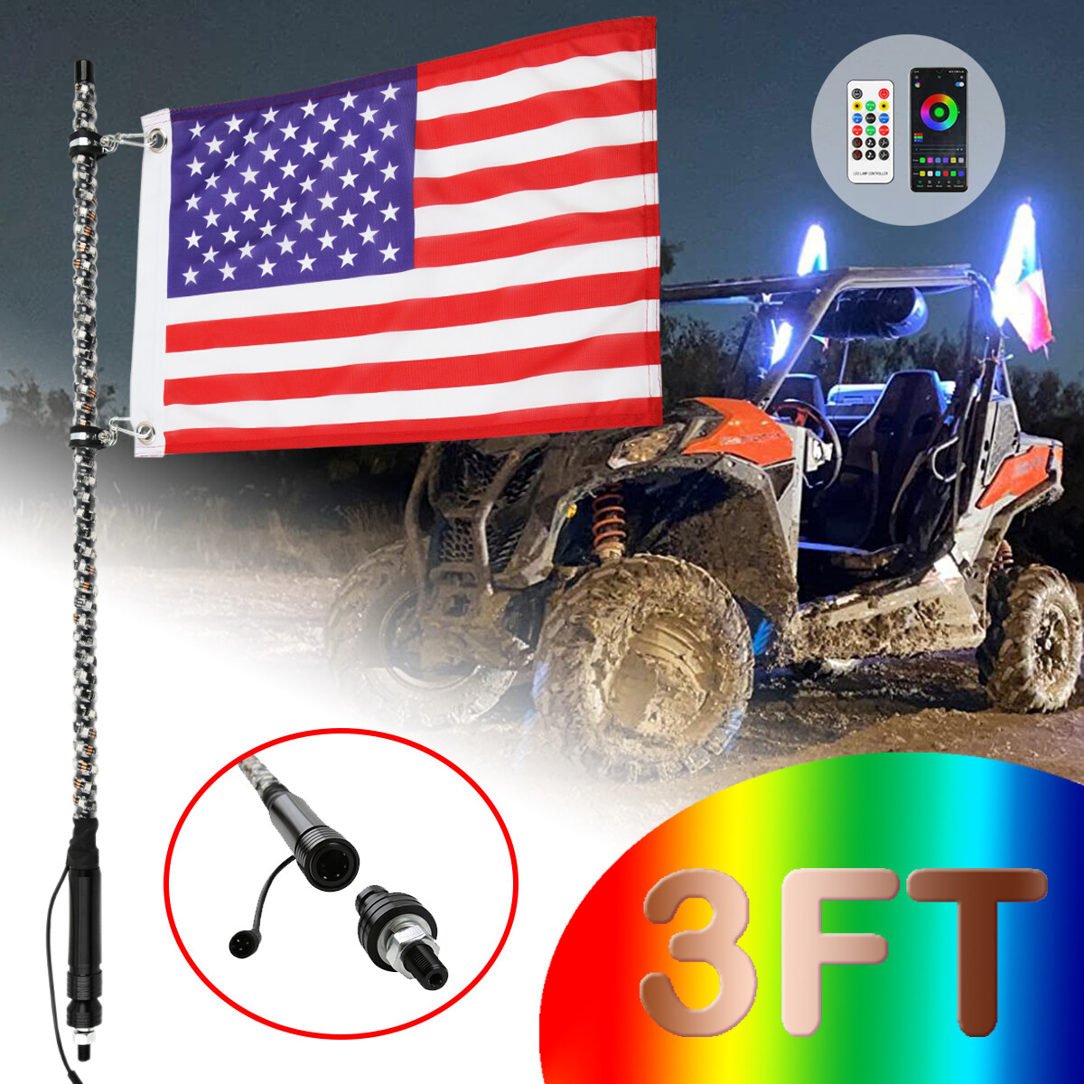 3FT Spiral LED RGB Whip Light Antenna For UTV ATV Dune Buggy Quad Go-Kart 4x4