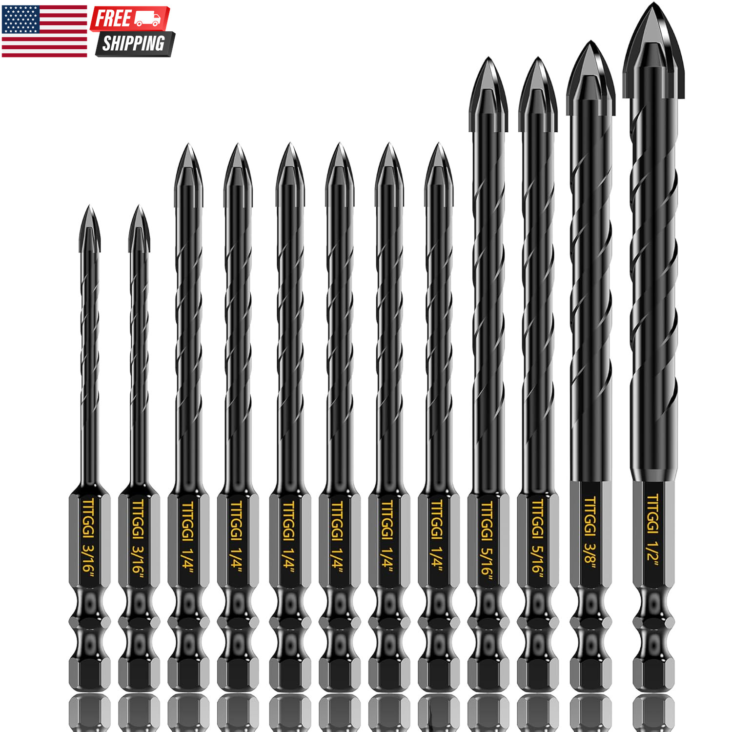 12 Pcs Set（3/16"-1/2" Masonry Drill Bit Set & Concrete Drill Bit Set, Professio