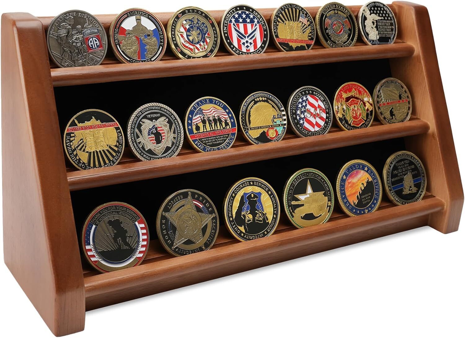 Thick 3 Row Black Wooden Challenge Coin Display Holder Case Gifts For Collectors