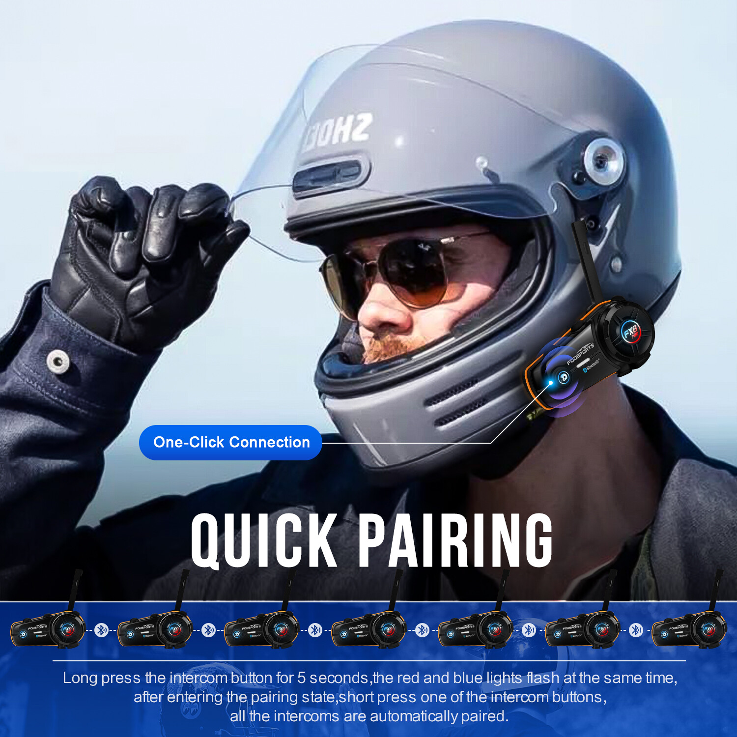FX8 Pro Motorcycle Helmet Intercom Bluetooth Headset 8 Riders 1KM Communication