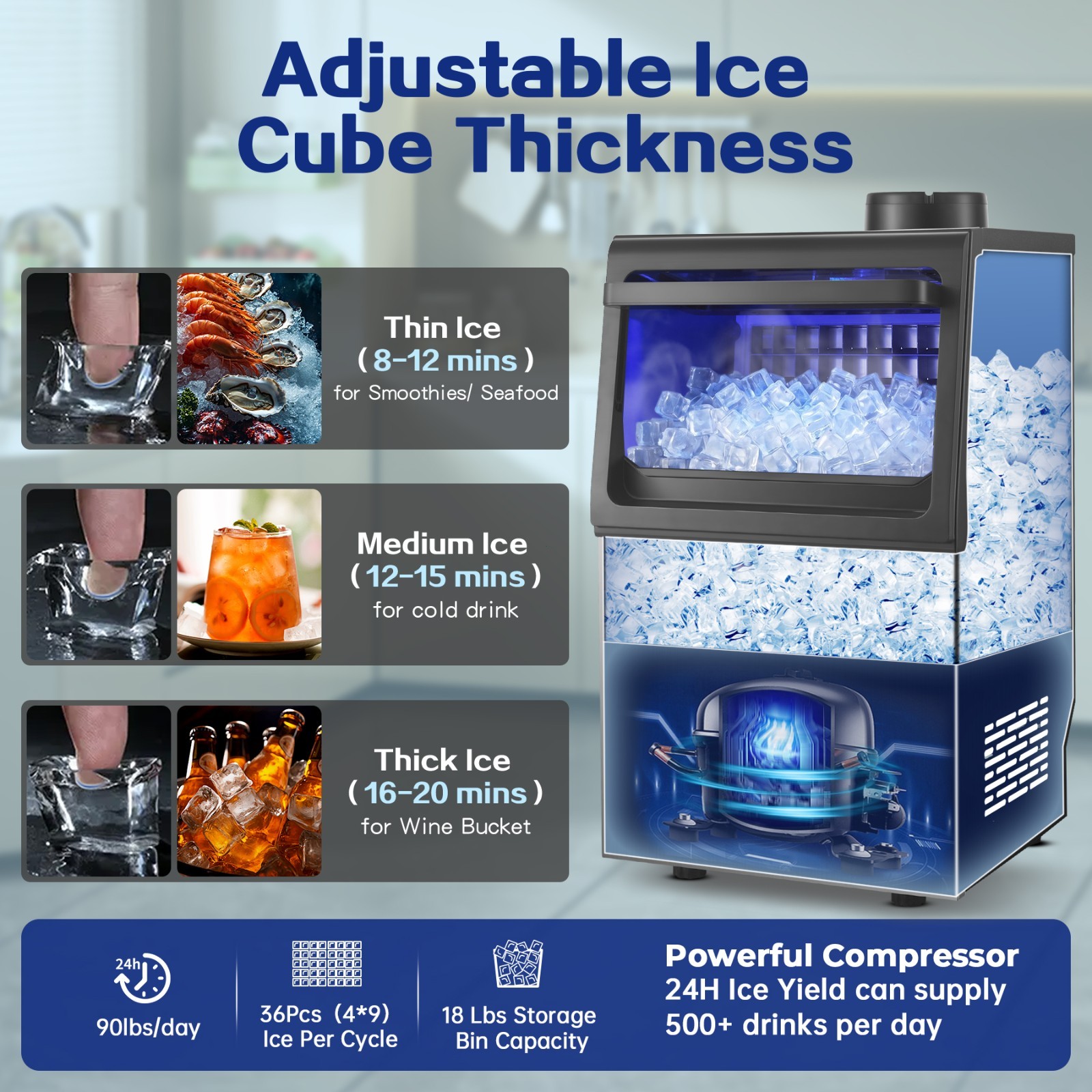 Commercial Ice Machine 90lbs Daliy18lbs Storage Stainless Steel Control Panel