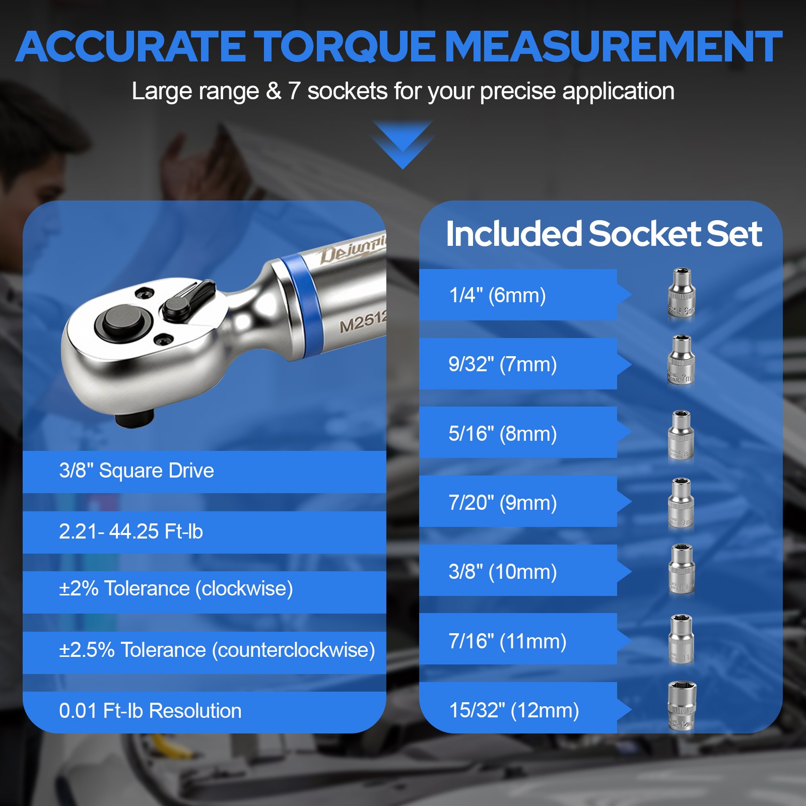 Dejunpool Digital Torque Wrench Adjustable Torque Wrench 3/8" Drive 2.2-44 ft.lb