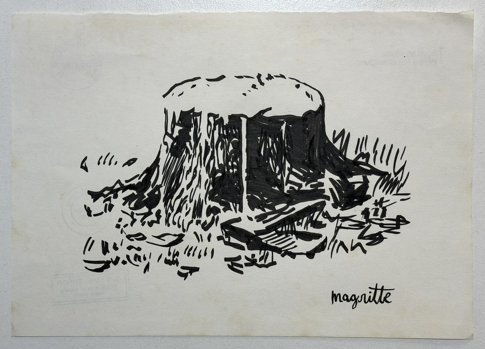René Magritte (Handmade) Drawing On old Paper Signed & Stamped Vtg Art