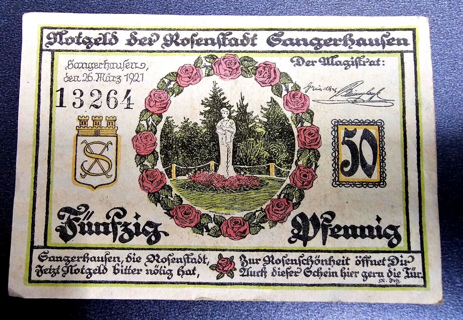 ROSENSTADT SANGERHAUSEN NOTGELD 50 PFENNIG 1921 EMERGENCY MONEY GERMANY (32854)