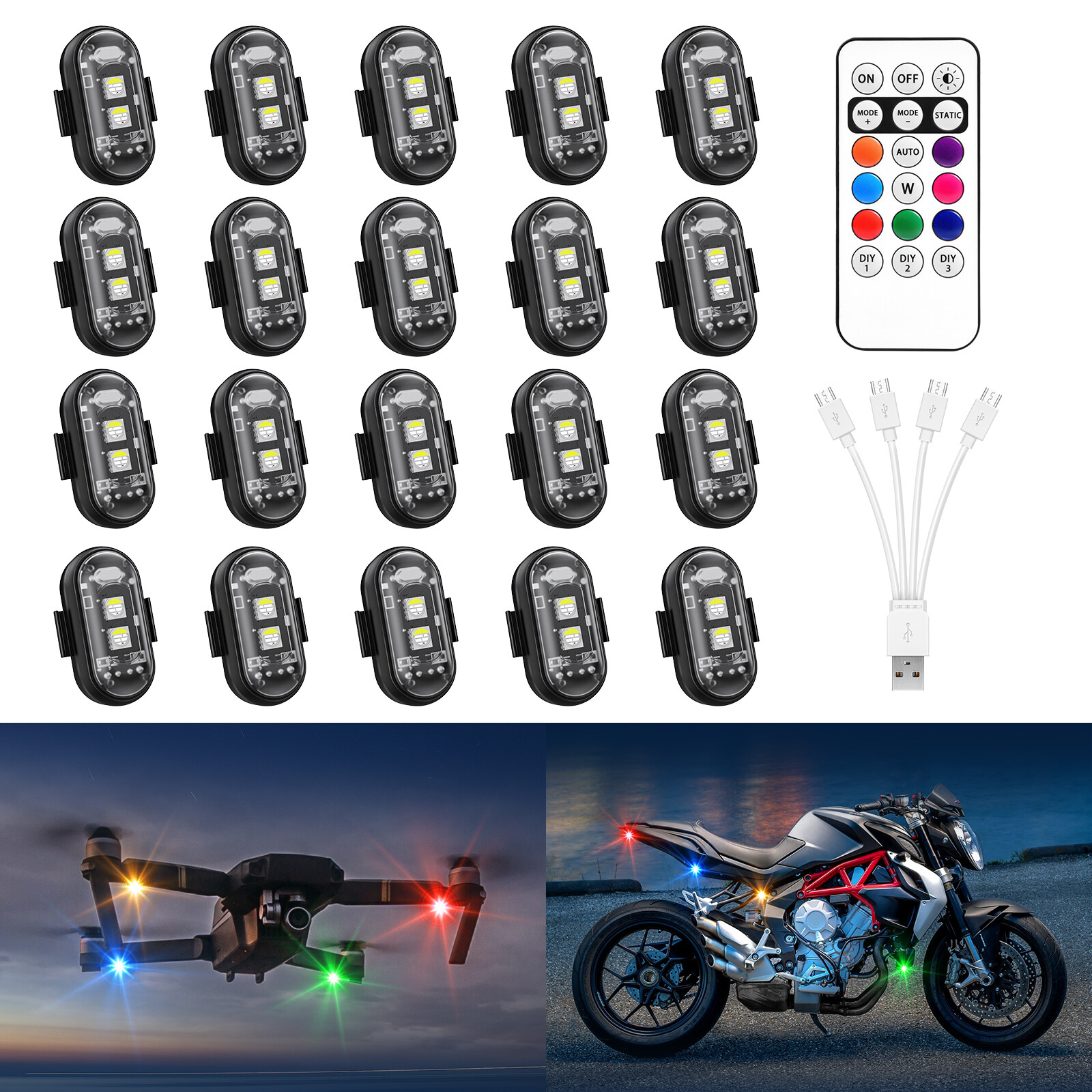 20 Pods Wireless RGB Strobe Lights w/Remote Control LED Flash Warning Lights Kit