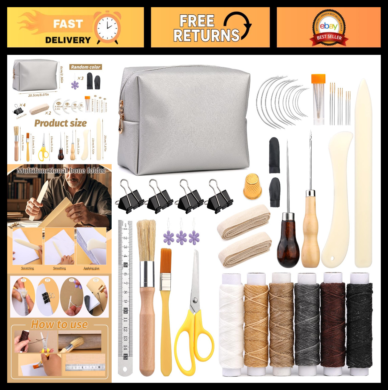 49 Pcs Book Binding Kit - DIY Hand Bookbinding Tools, Awl, Ribbon, Ruler & Suppl