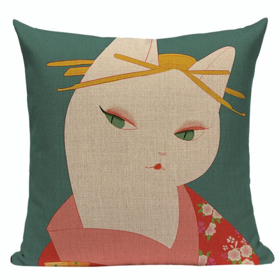 Cat Geisha JP38 Cushion Pillow Cover Japanese Korean Oriental Feline Animal Fun