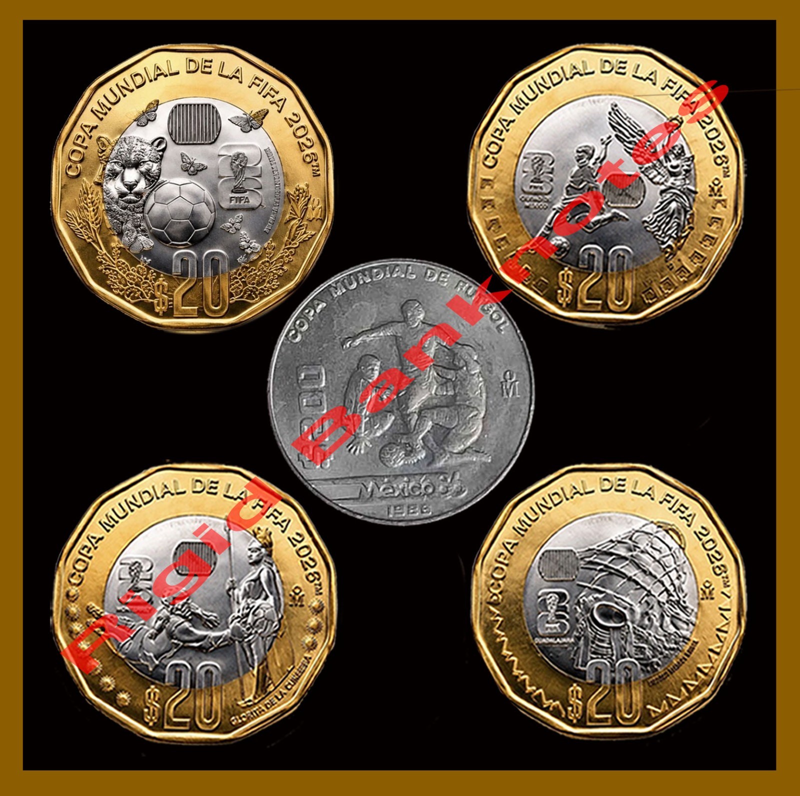 Mexico $20 + $200 Pesos, 4 + 1 Coin Set, 1986-2026 FIFA World Cup Soccer Mundial