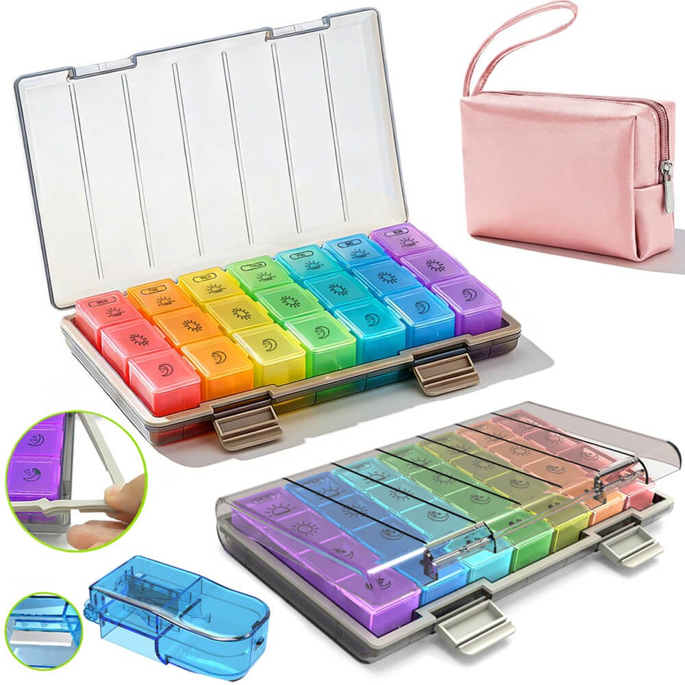 Large Pill Box Organizer 3 Times A Day 4 Times A Dag Moisture-Proof w/Cutter Bag