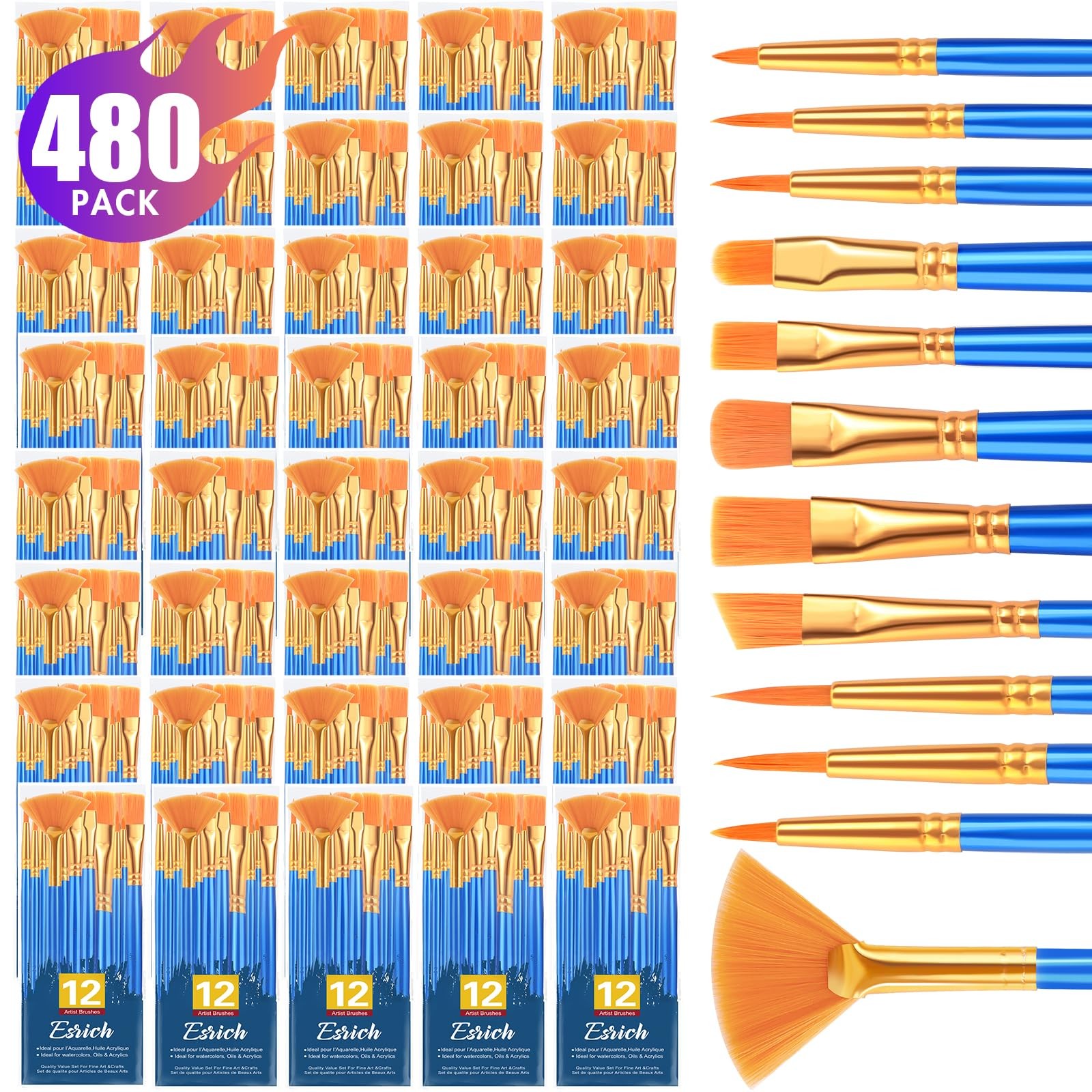 40pack/480pcs Paint Brushes, Nylon Hair Paint Brushes Set Round-Pointed Tip P...