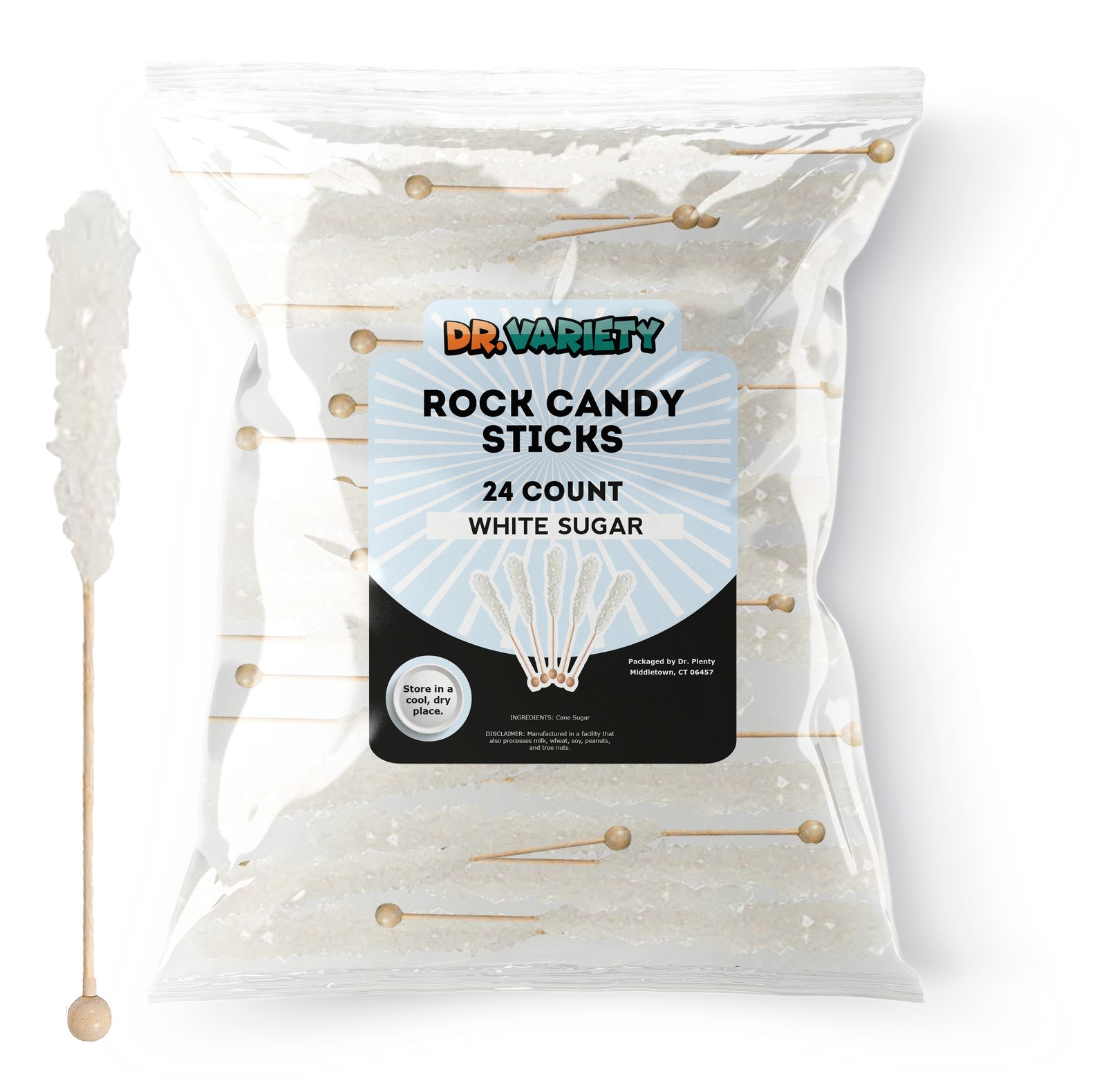 White Rock Candy Sticks – White Sugar Flavor, 24 Pack Bulk Individually Wrapp...