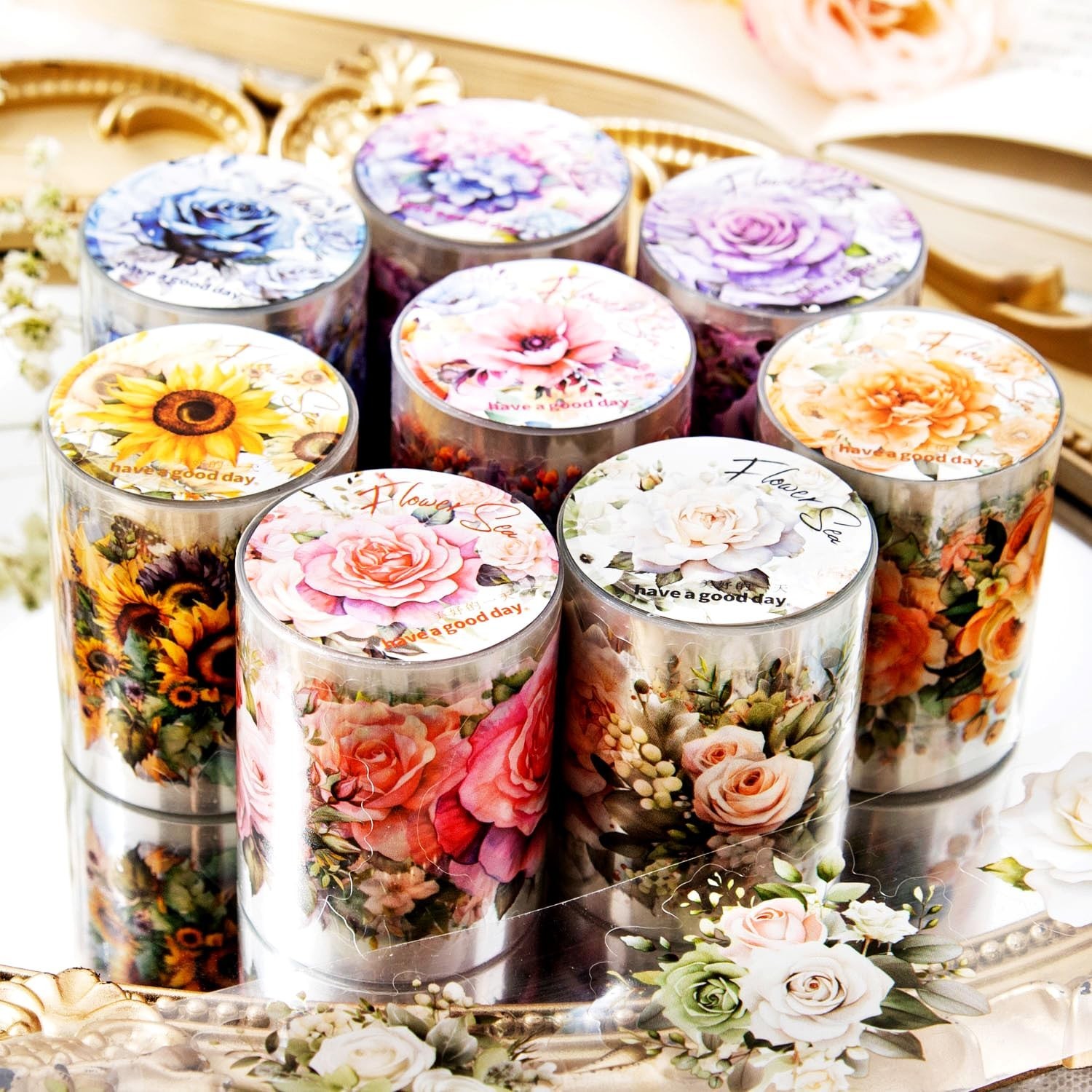 8Rolls Floral Washi Tape Set Flower Washi Tape Stickers Sunflower Rose Hydran...