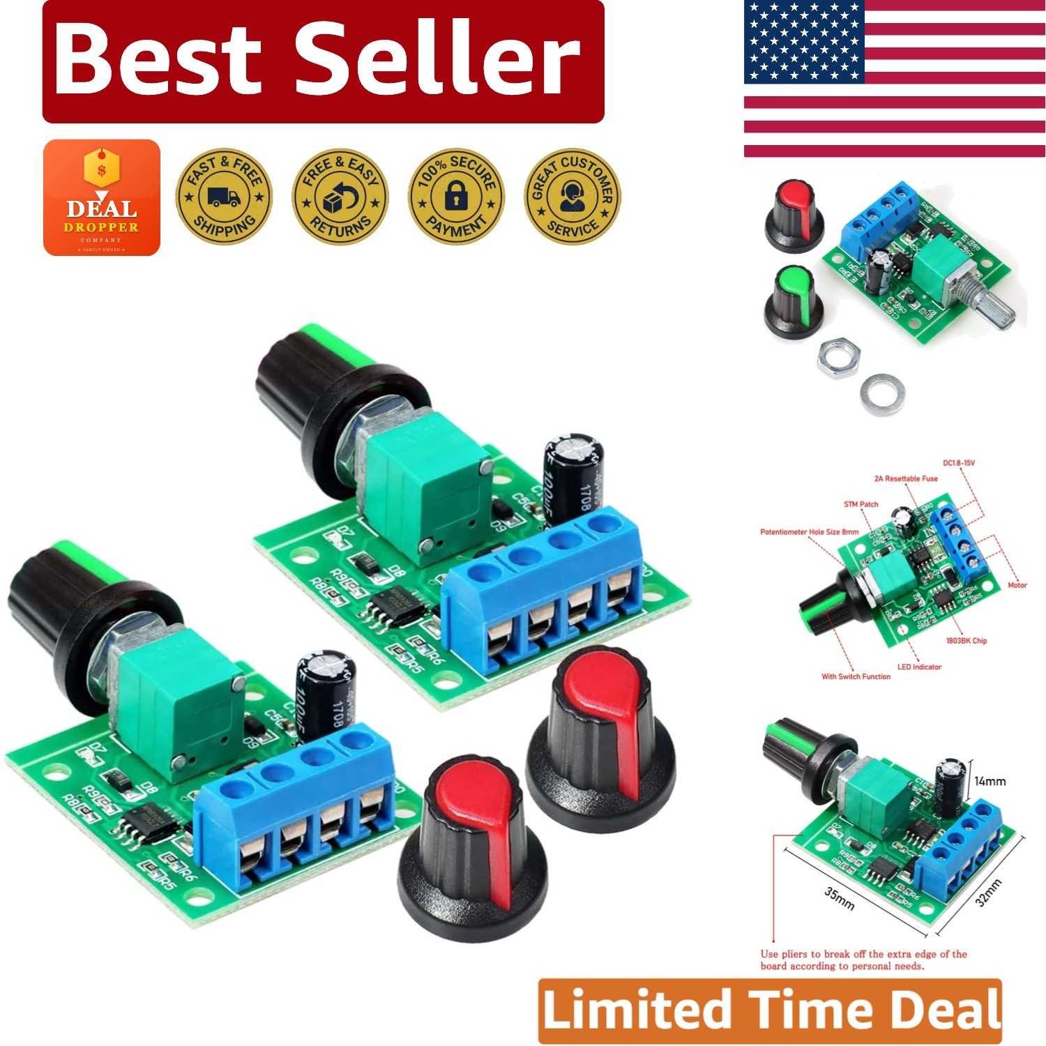 2PCS PWM DC Motor Speed Controller 1.8V-12V 2A Adjustable Control Switch