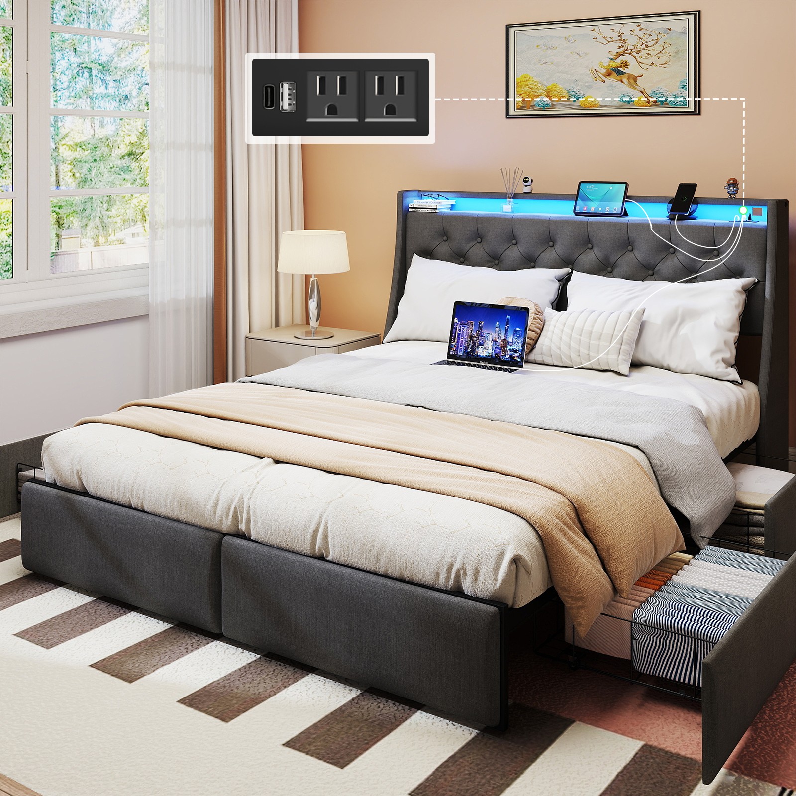 Full Size Bed Frame, Upholstered Platform Bed Frame with 4 Storage Drawers