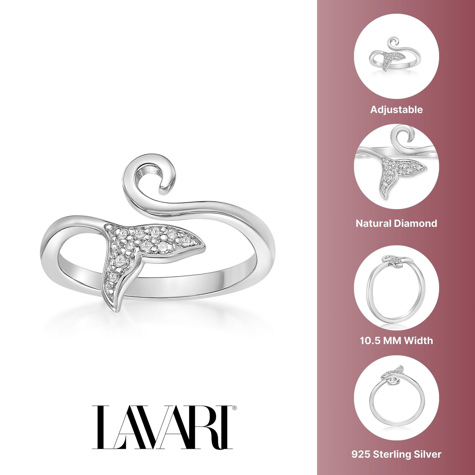 925 Sterling Silver Swimming Fish Mermaid Tail Adjustable Toe Ring With Diamond