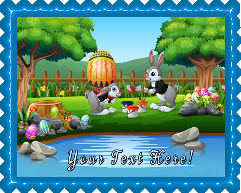 Happy Bunnies Painting a Large Easter Egg - Edible Cake Topper or Cupcake Topper