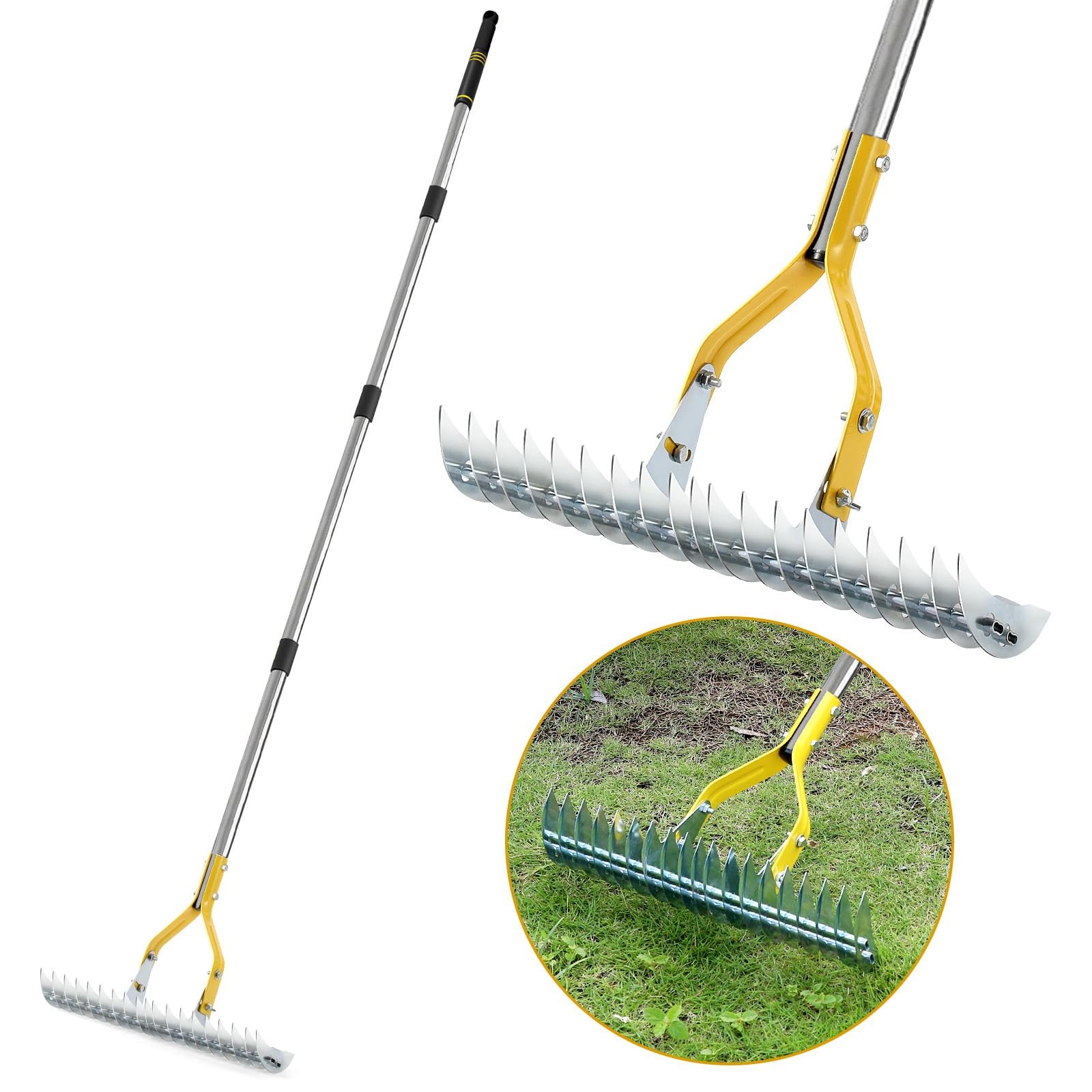 Thatch Rake, 15-Inch Steel Lawn Dethatcher with Handle, Heavy Duty Grass Clea...