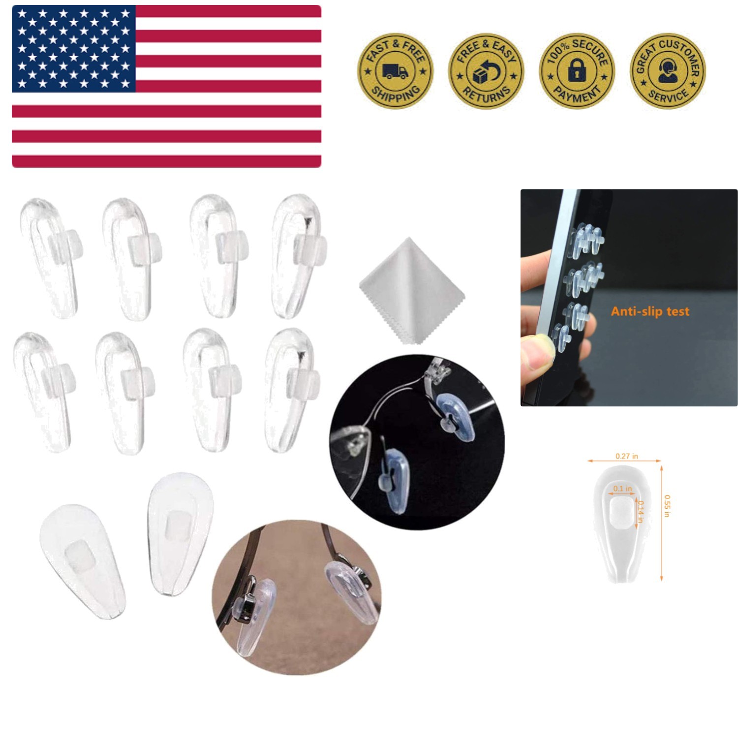 Push-in Eyeglass Nose Pads, Soft Silicone Air Cushion Glasses Replacement Nos...